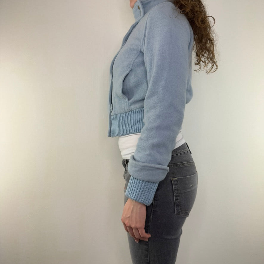 Y2K vintage short jacket wool zip up cropped baby blue buttons knit cuffs