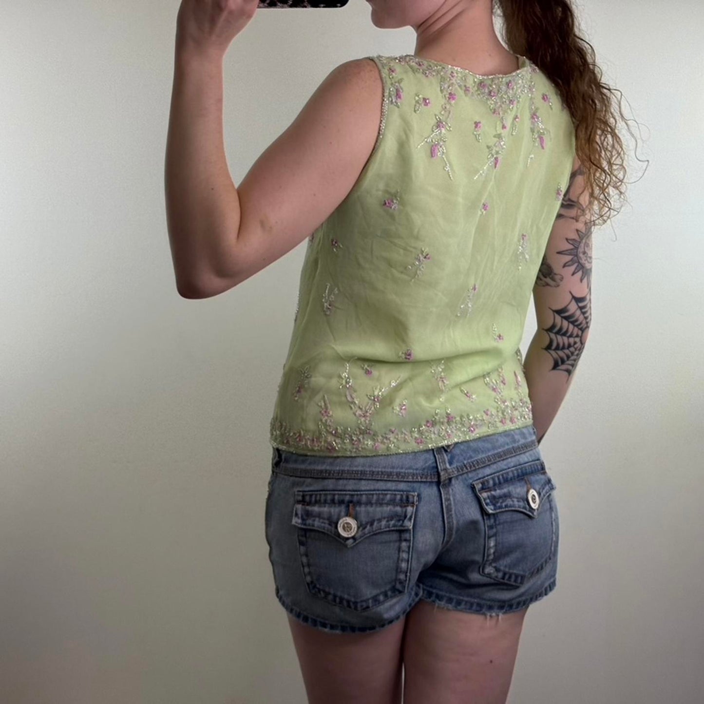 Y2K vintage 100% silk shell sleeveless blouse floral embroidered beaded sequin