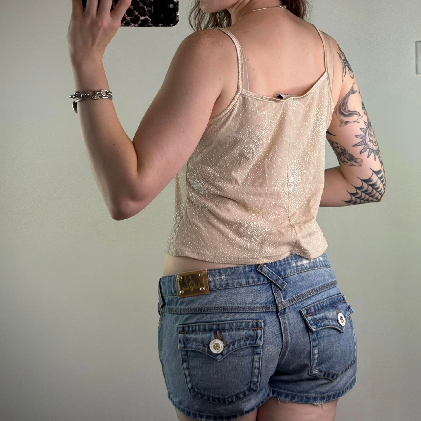 Y2K vintage mesh sparkly glitter cami top slight crop short length beige
