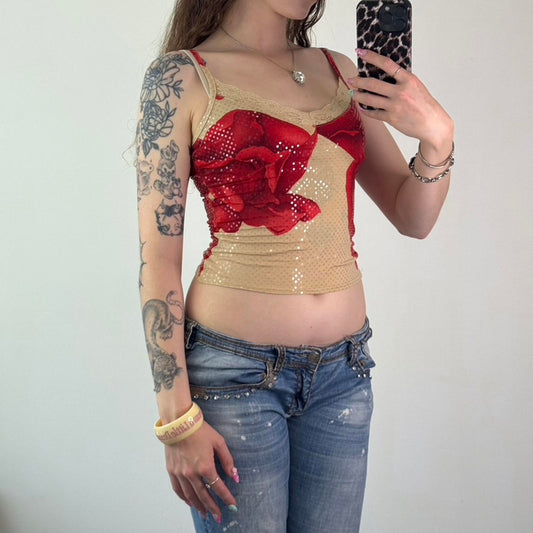 Y2K vintage shimmer floral slinky lace trim cropped cami top v neck