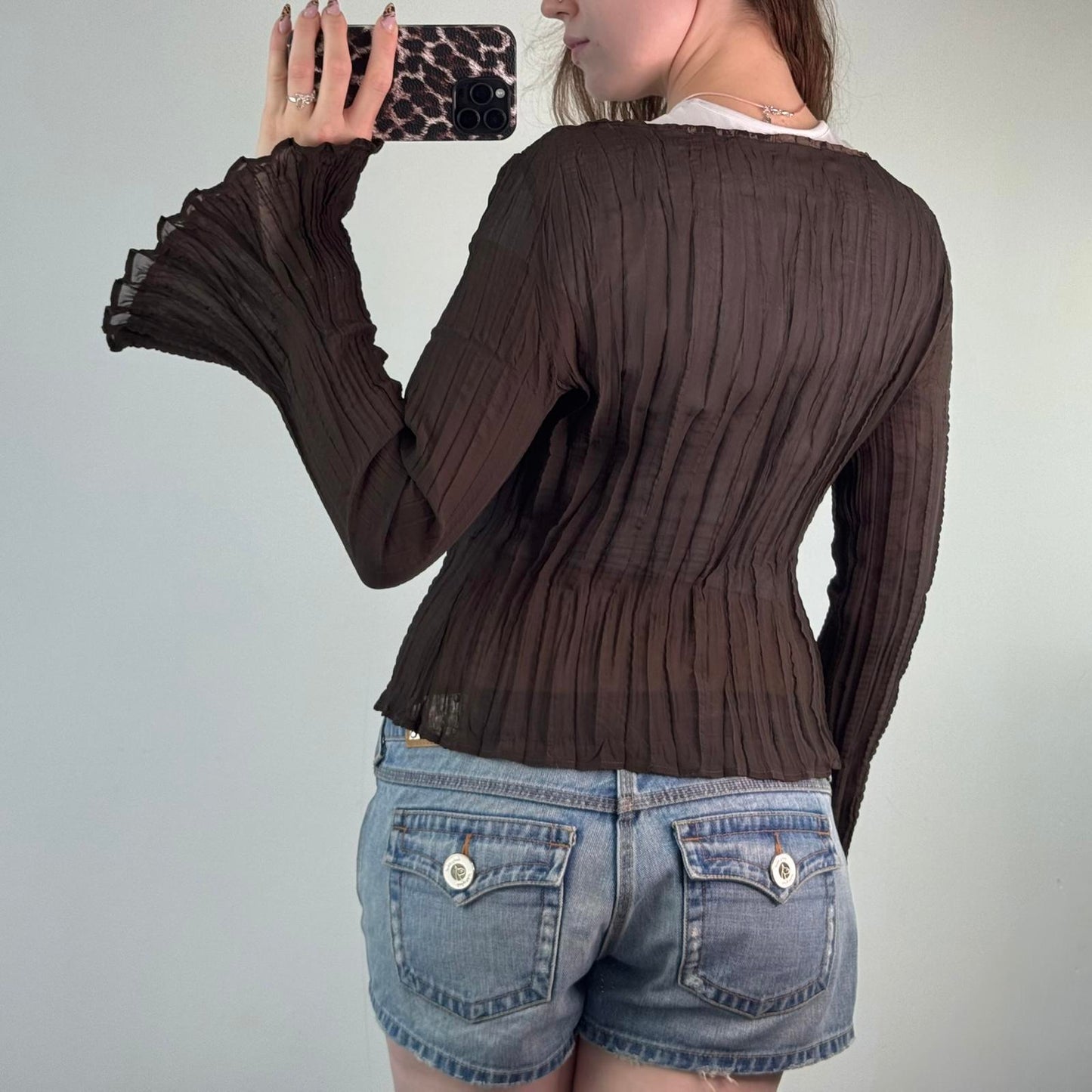 Y2K vintage sheer pleated button up blouse sheer floral embroidery beaded brown