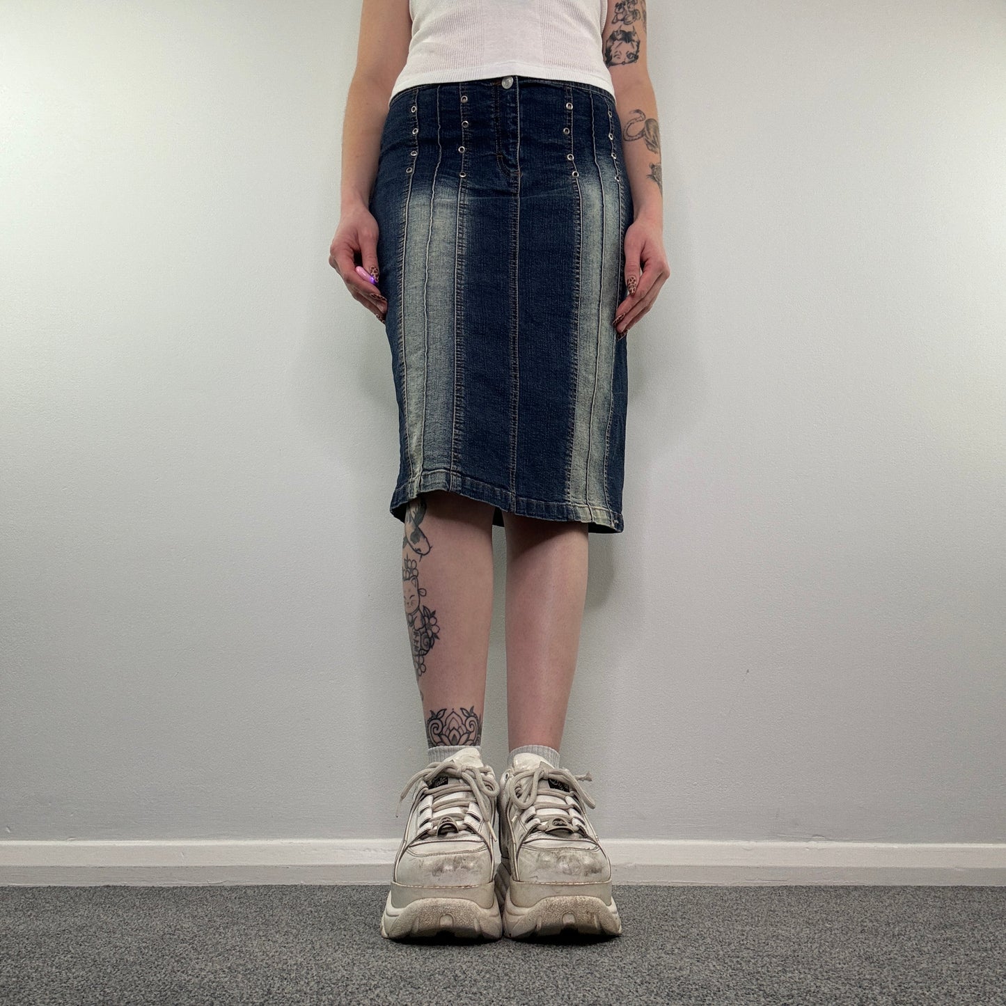 Y2K faded denim grommet midi skirt