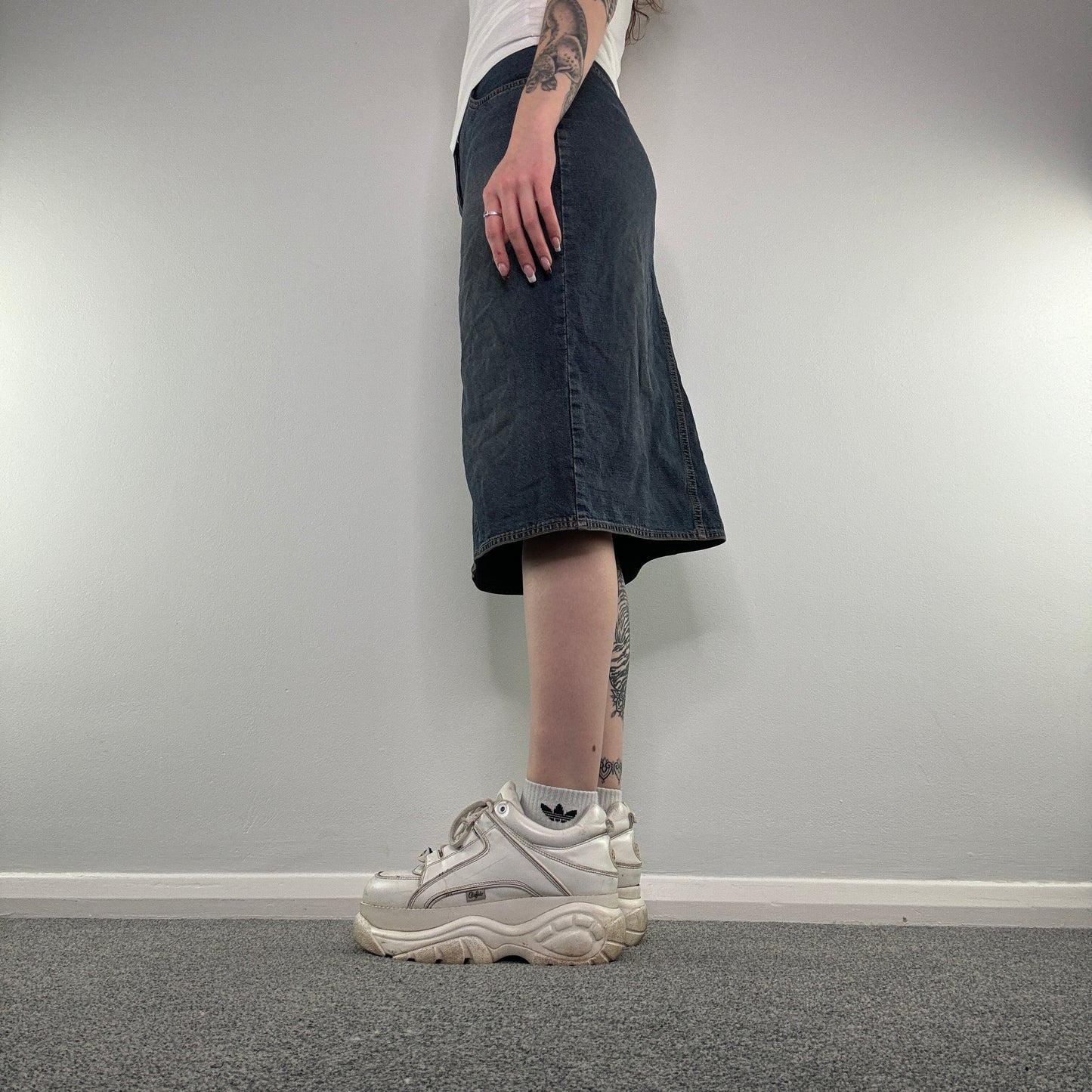 Y2K denim low rise midi skirt