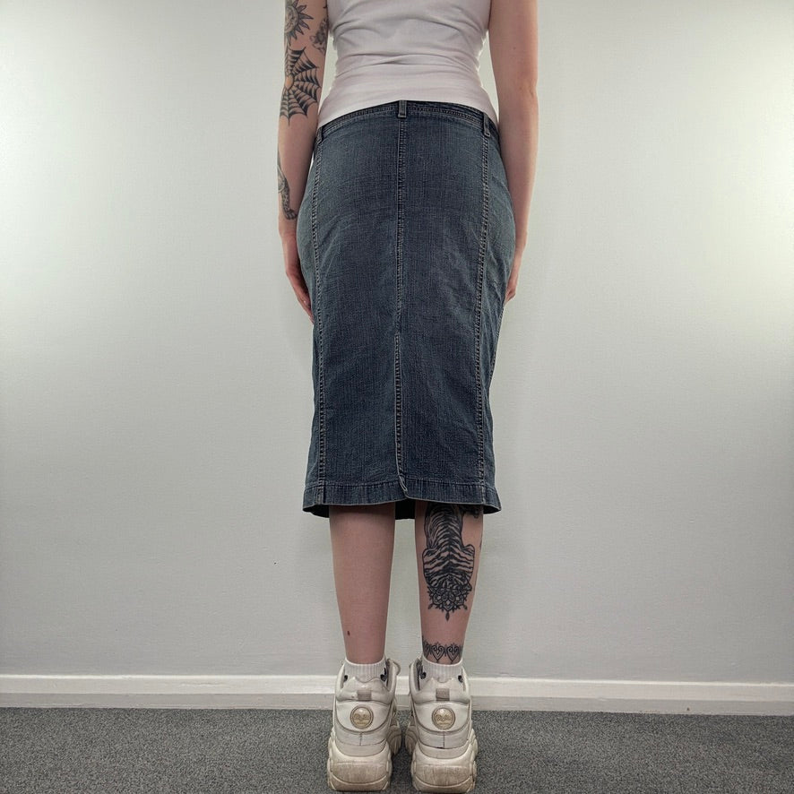 Y2K vintage low rise faded denim midi skirt