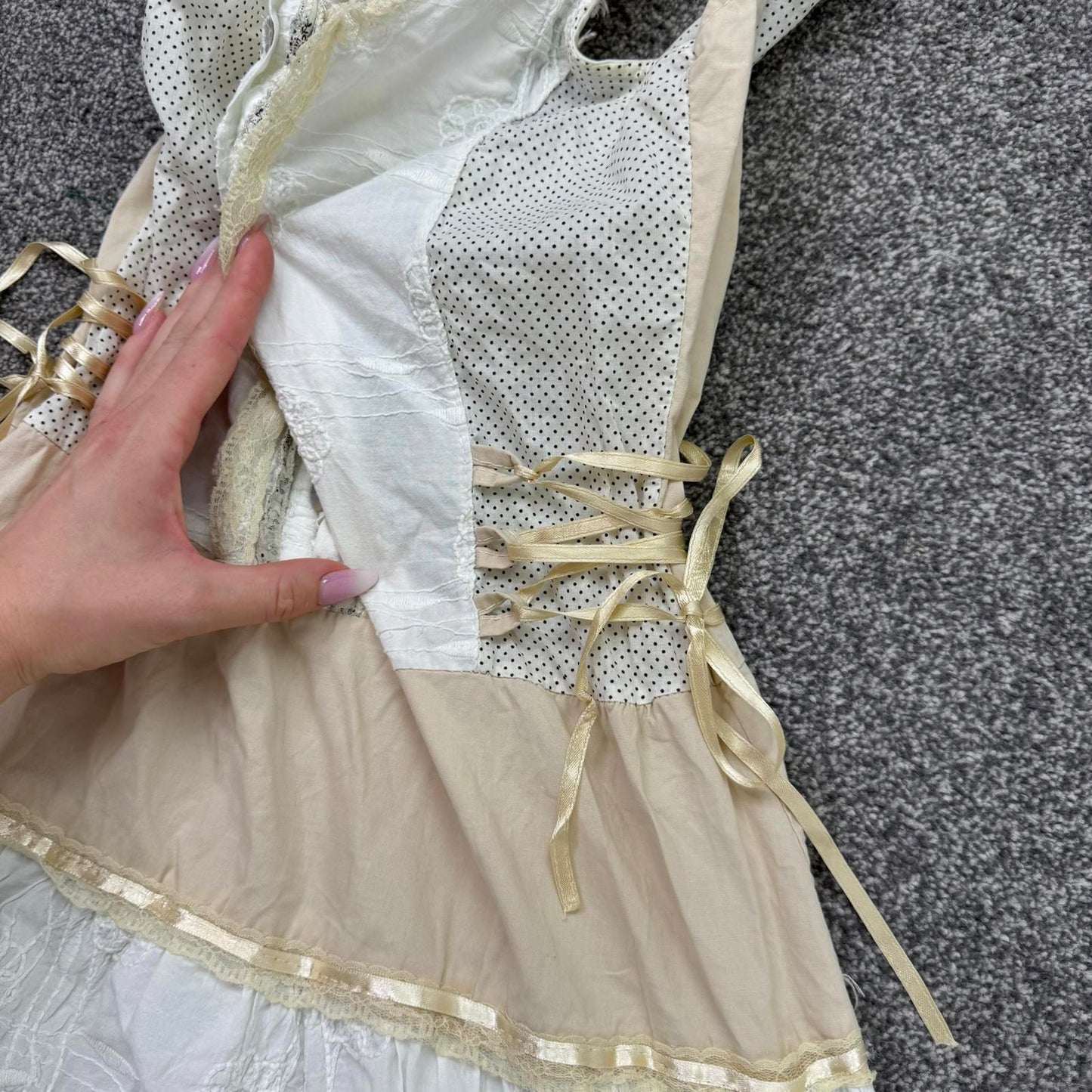 Y2K vintage coquette midi dress a line broderie anglaise lace trim polka dot