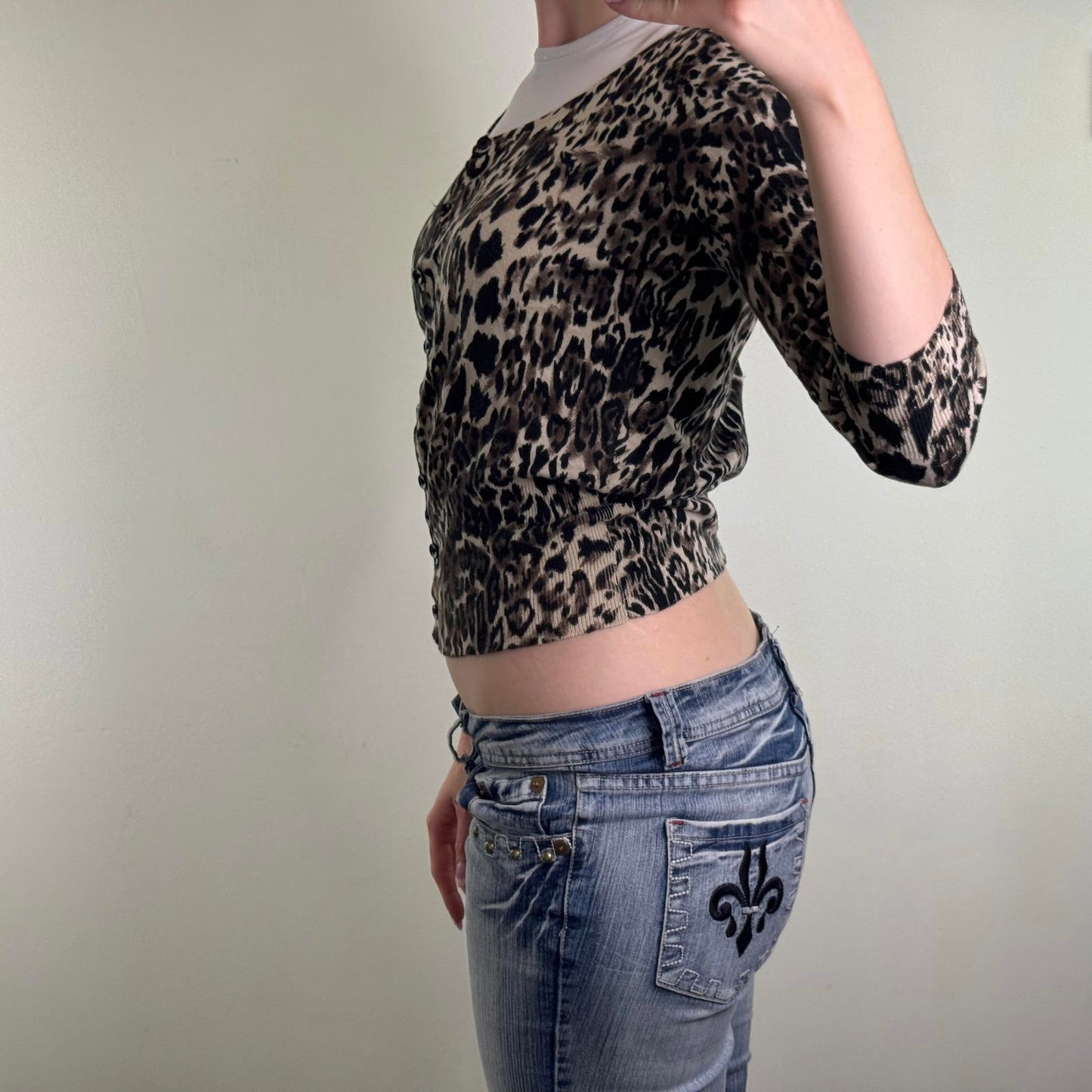 Y2K vintage New Look fine knit leopard print cardigan button up 3/4 sleeve