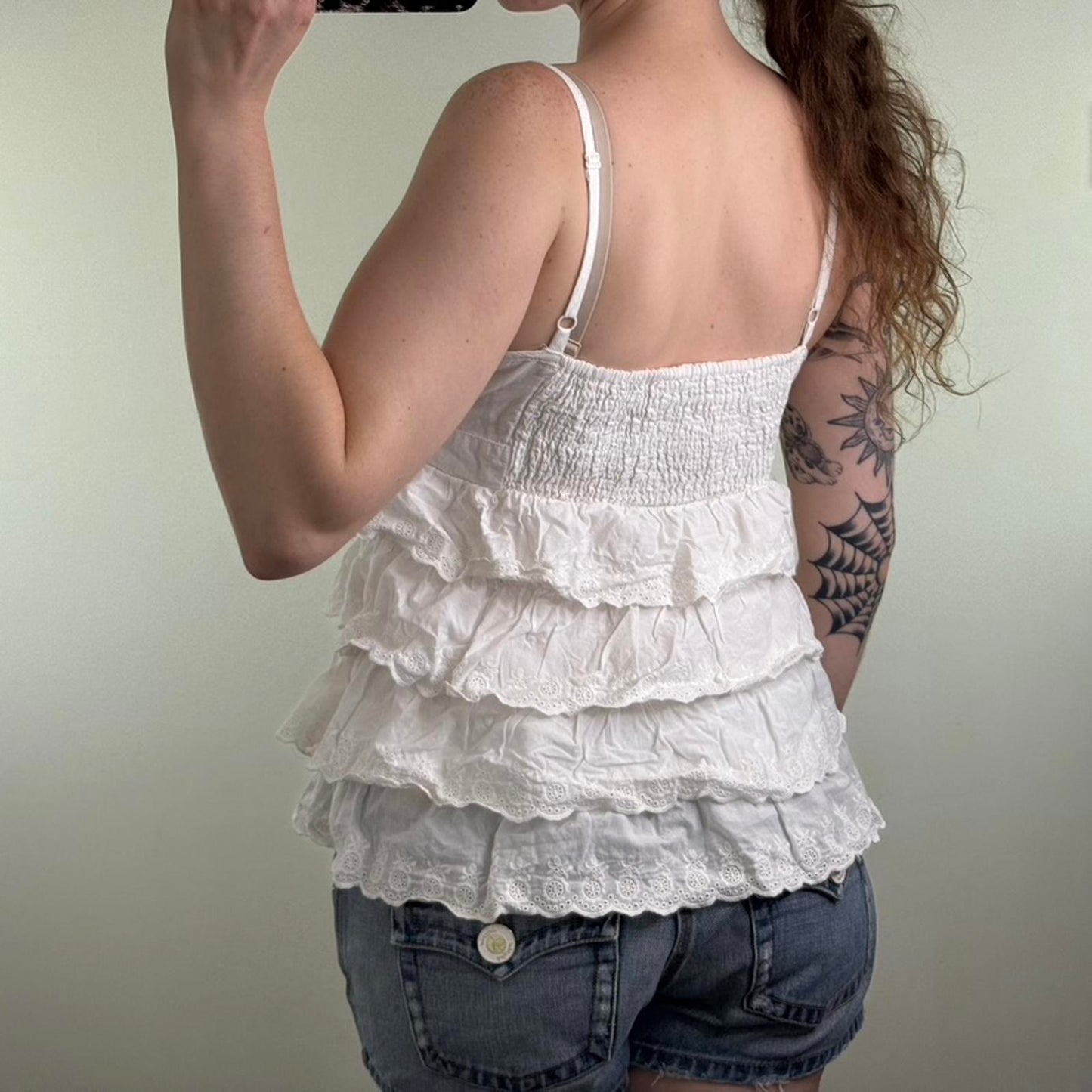 Y2K vintage ruffle cami top strappy broderie anglaise buttons frill