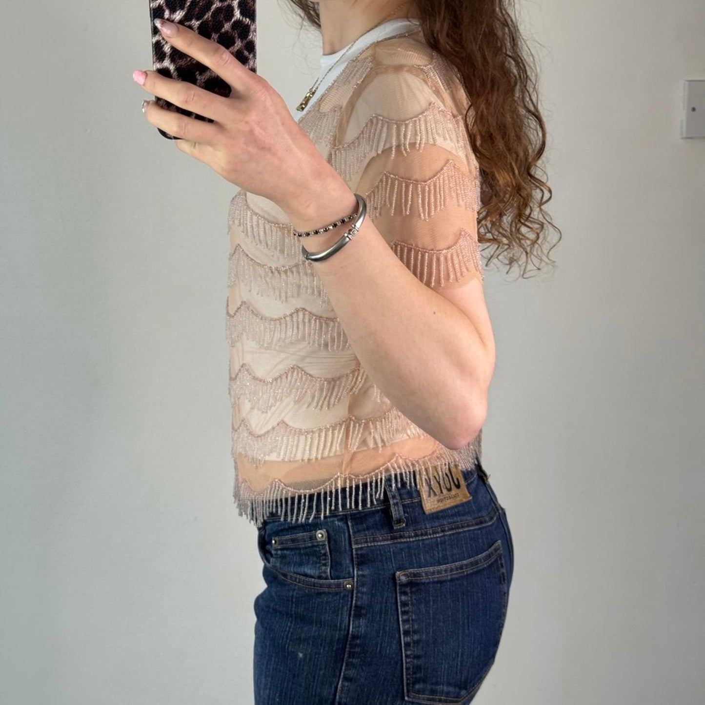 Y2K vintage peach mesh beaded tassel hook and eye short sleeve cardigan