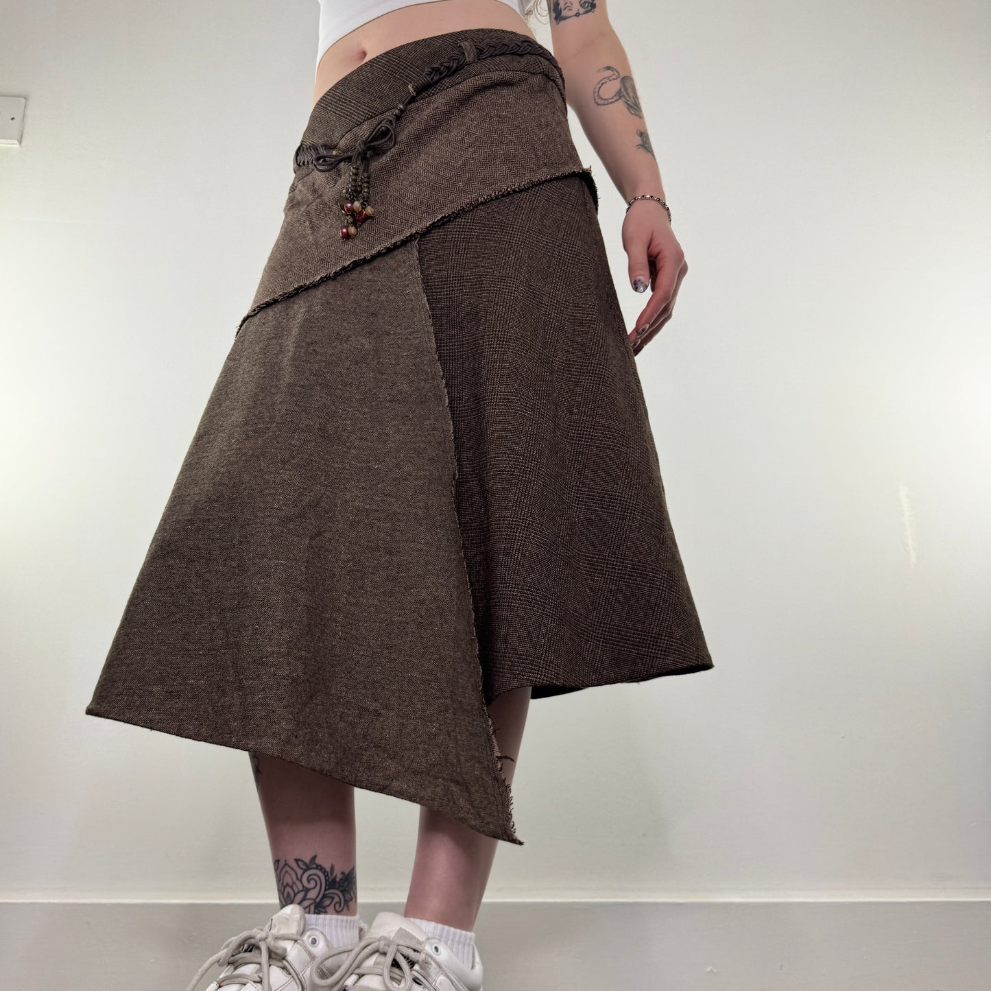 Y2K vintage asymmetrical tartan houndstooth midi skirt