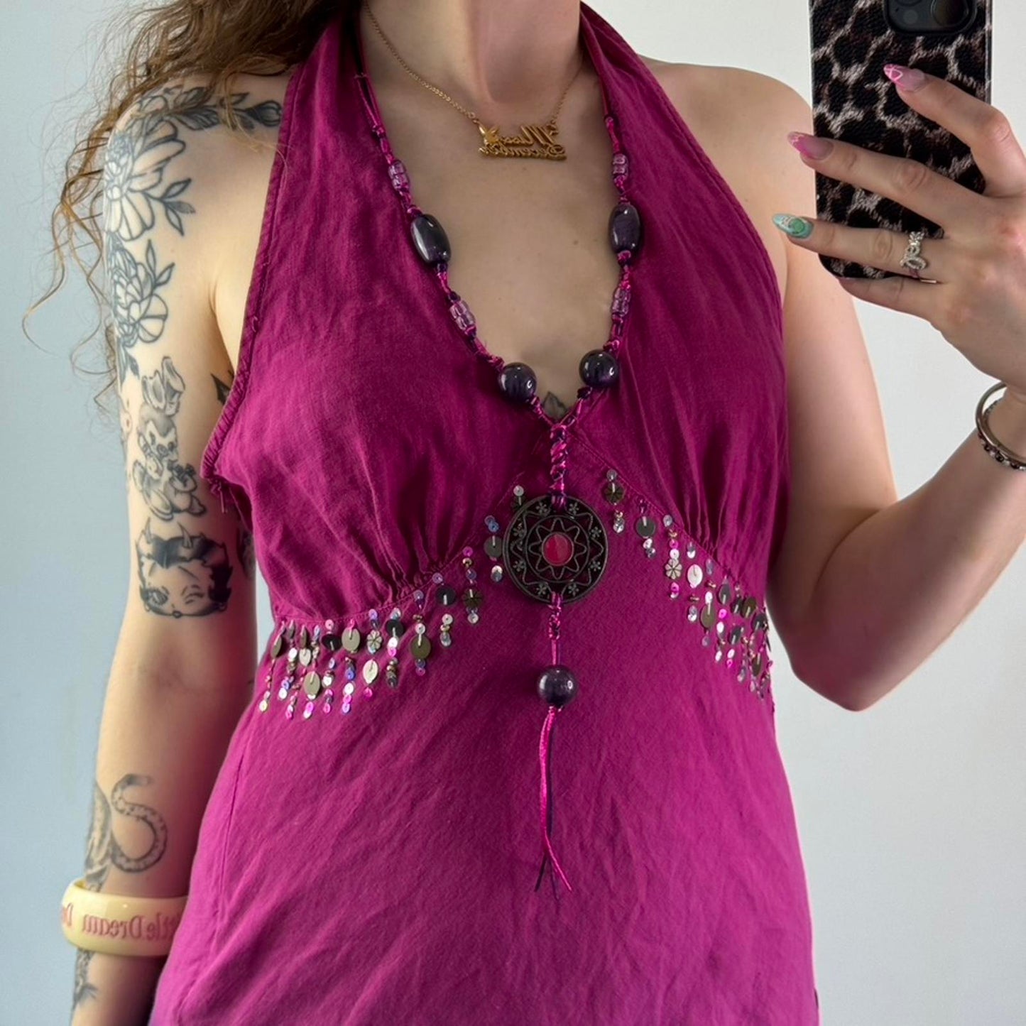 Y2K vintage 100% linen halter neck beaded sequin top v neck boho embellished M