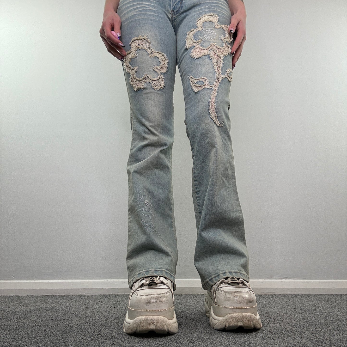 Y2K faded denim floral lace bootcut jeans