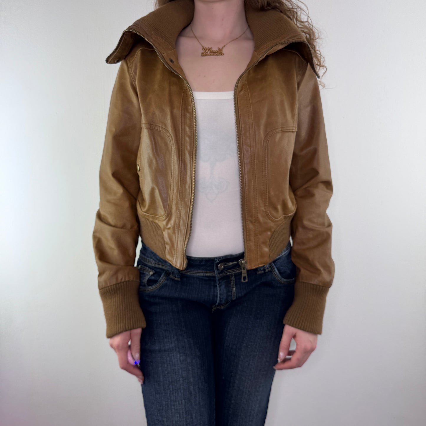 Y2K vintage brown zip up leather jacket