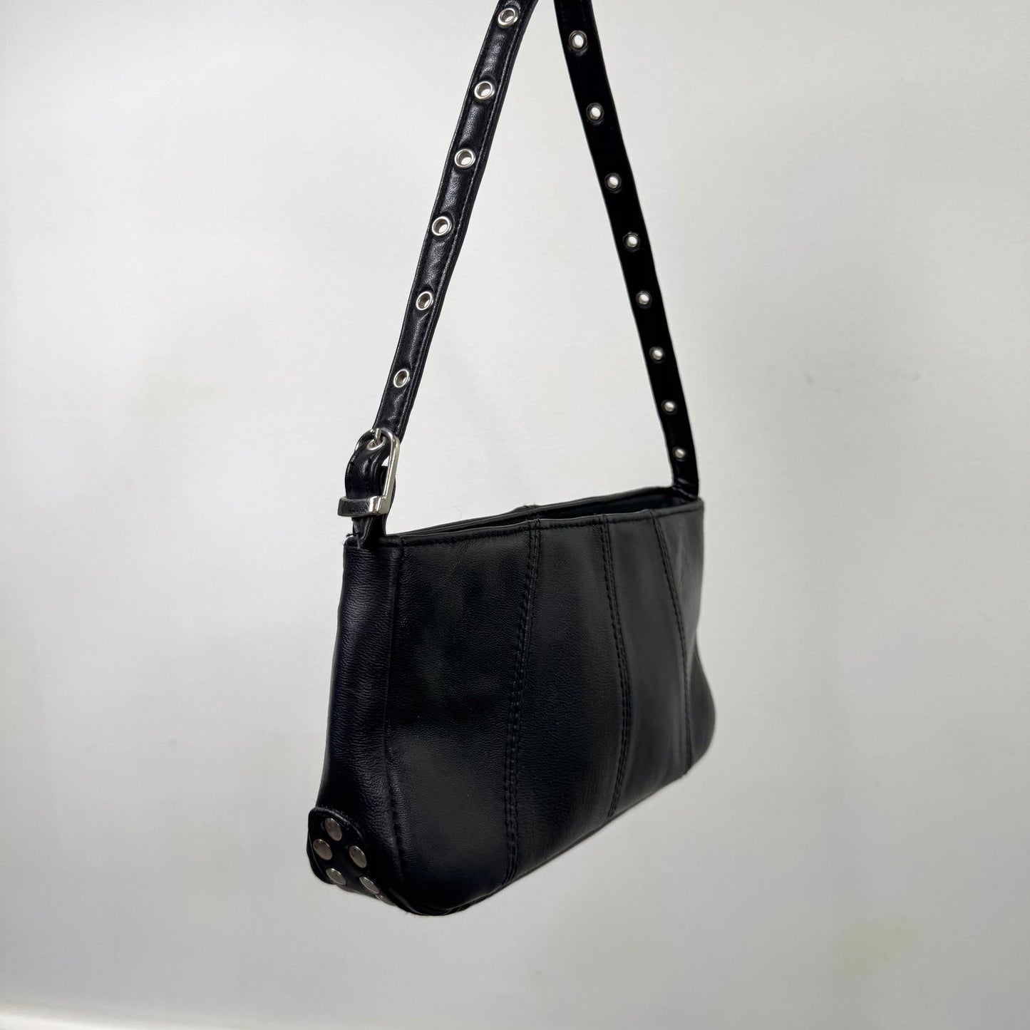 Y2K vintage studded faux leather mini shoulder bag small silver grommet black