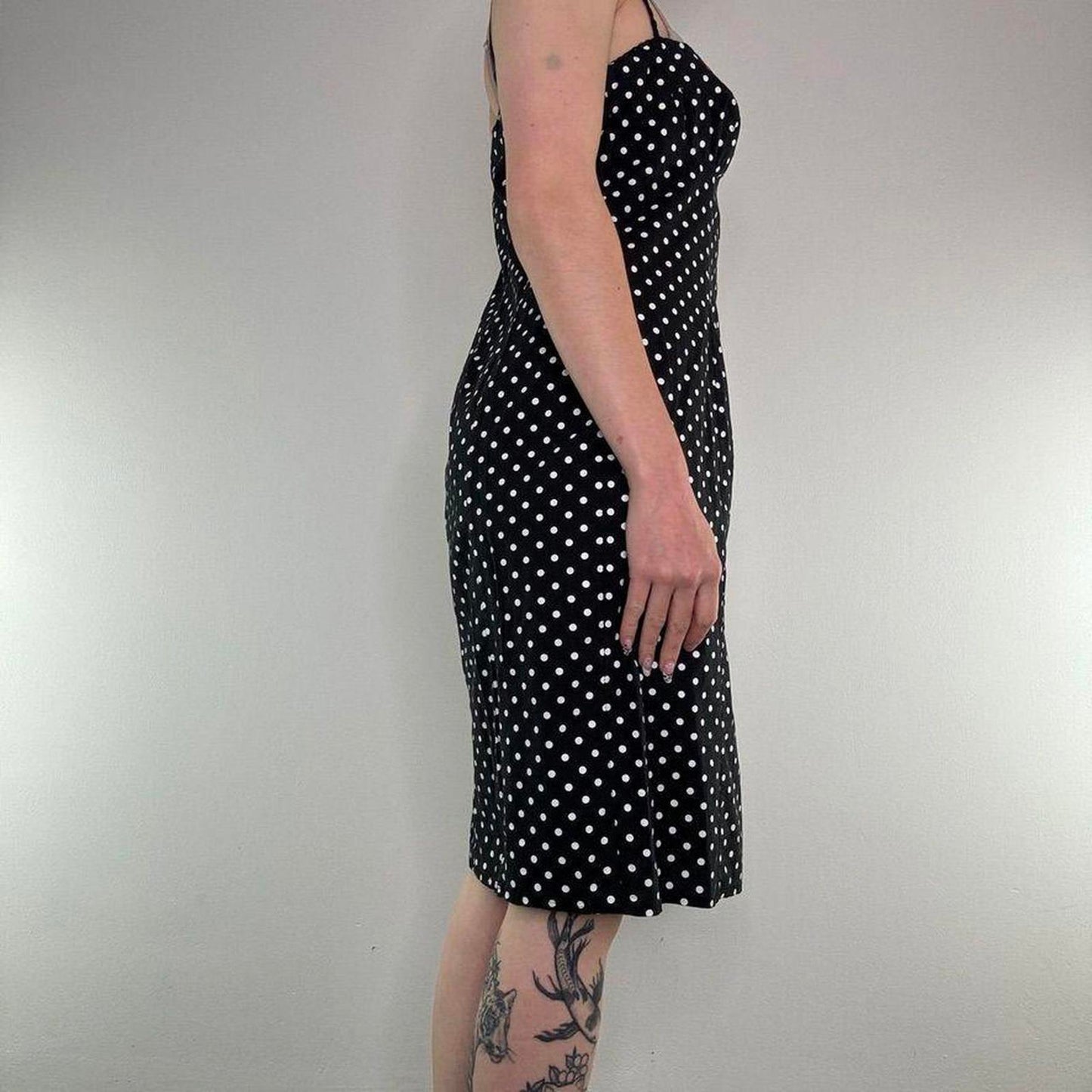 Y2K vintage polka dot zip up bust midi dress stretchy knee length square neck