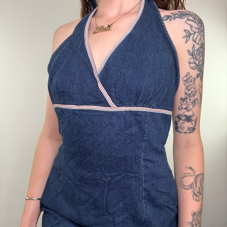 Y2K vintage Tommy Hilfiger halter neck stretchy denim midi dress