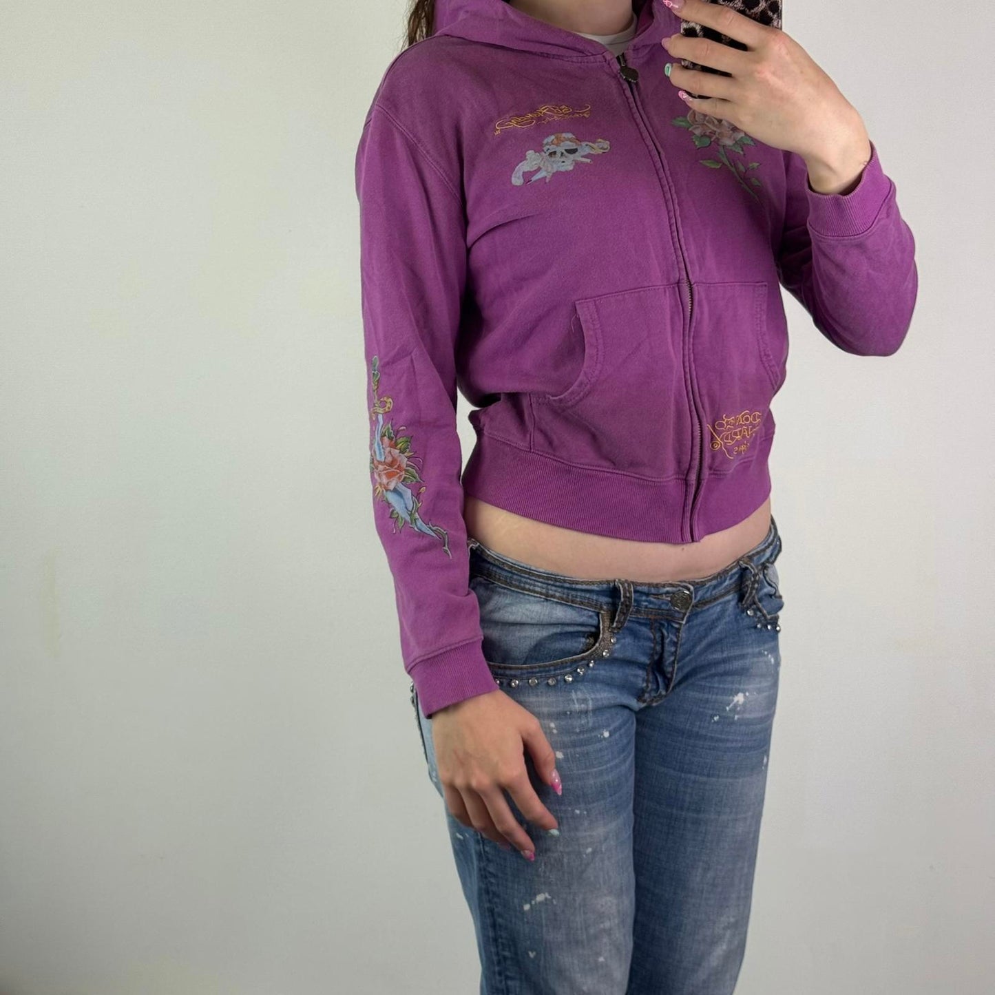 Y2K vintage Ed Hardy zip up hoodie slight cropped fit tattoo graphic print