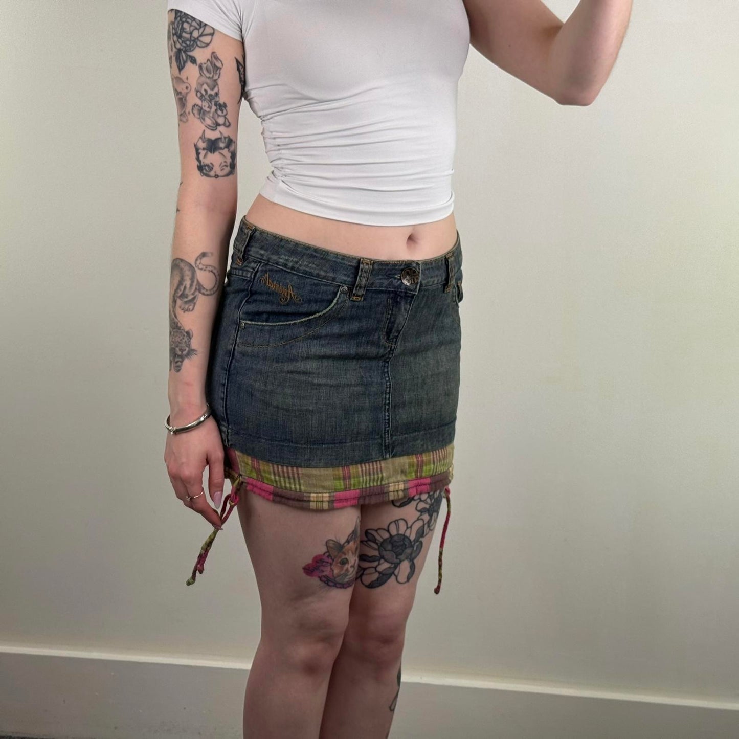 Y2K vintage Animal denim mini skirt mid rise tartan plaid check hem distressed