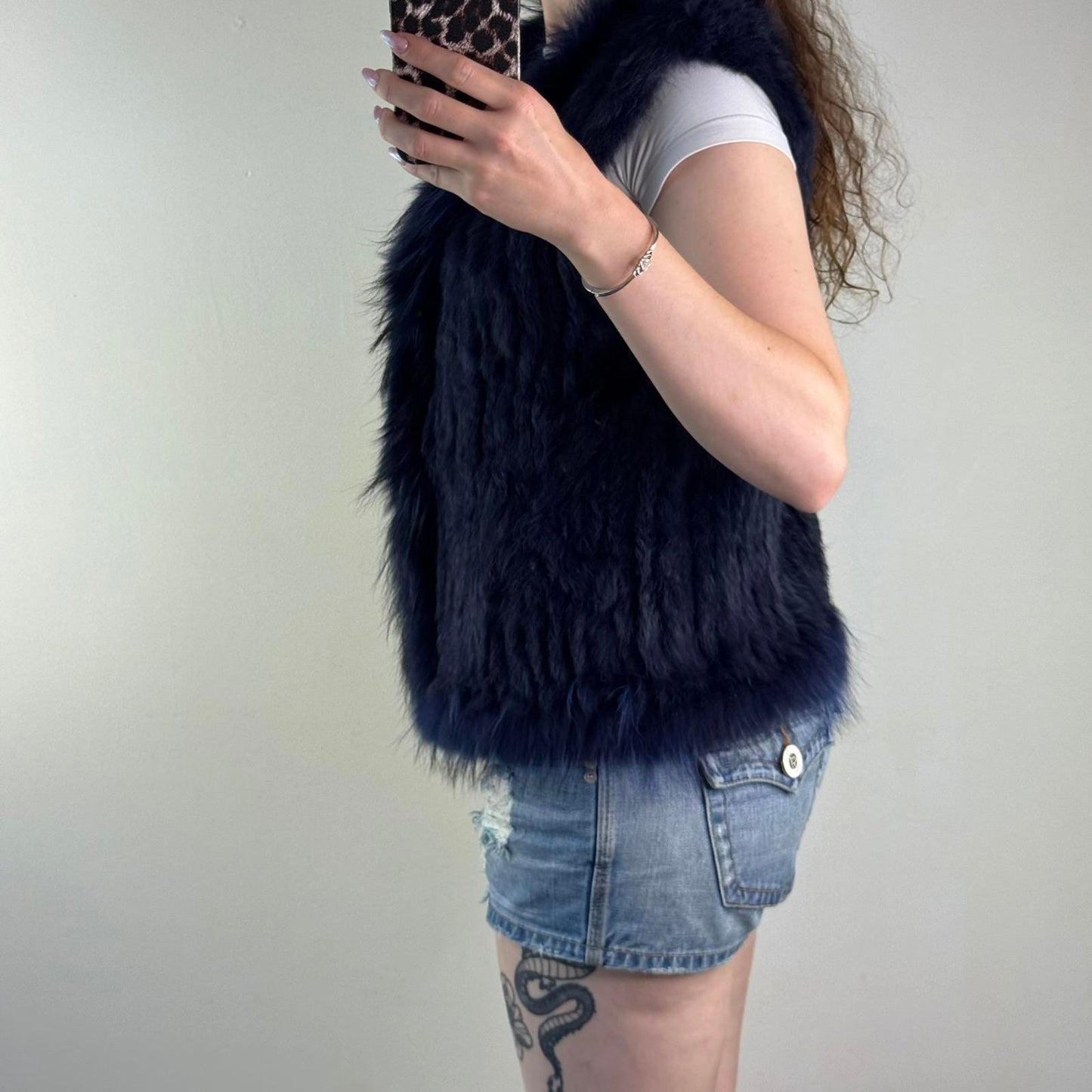 Genuine fur rabbit/ raccoon sleeveless jacket gilet v neck blue