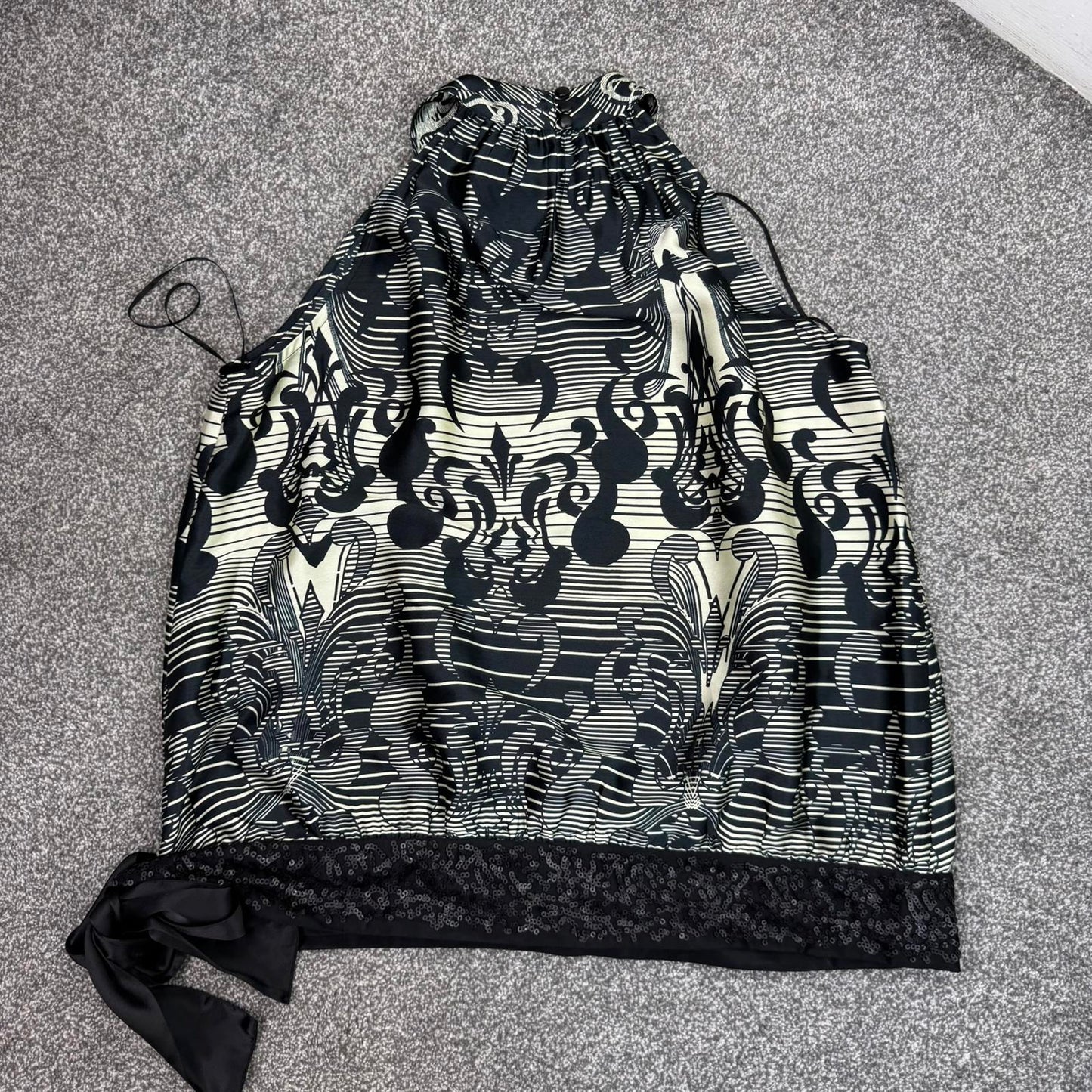 Y2K vintage high neck satin sleeveless top bow sequin filigree stripe pattern