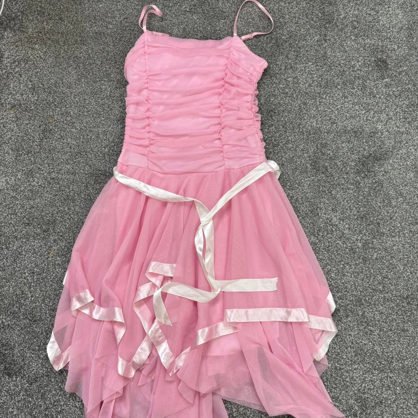 Y2K vintage fairy mesh asymmetrical midi dress layered ruffle satin baby pink