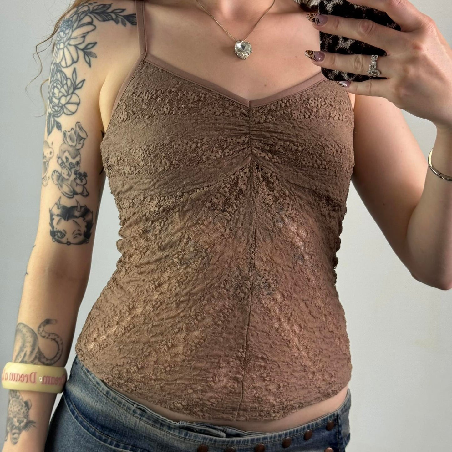 Y2K vintage stretchy mesh cami top sheer strappy light brown strappy fairy