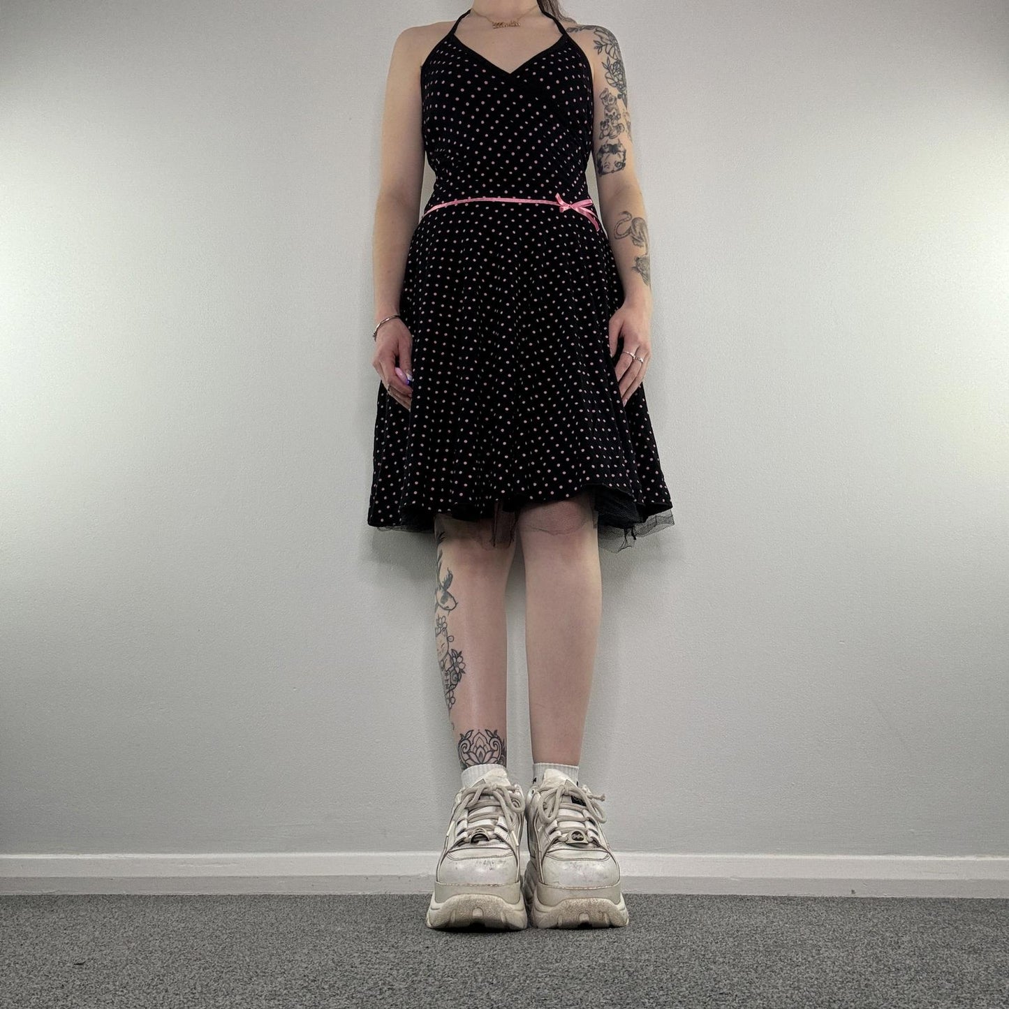 Y2K vintage polka dot midi dress halter neck bow mesh trim a line pink black