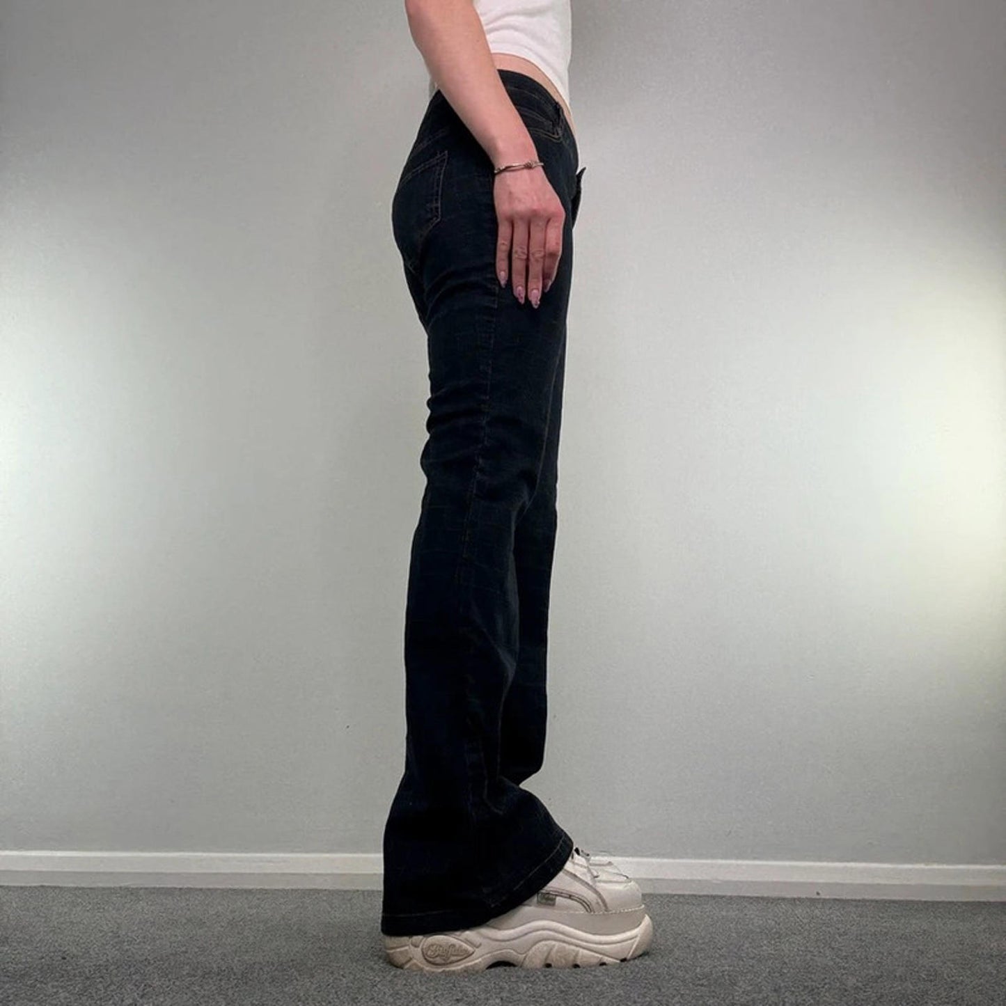 Y2K mid rise dark denim bootcut jeans chequered grid square print flare leg