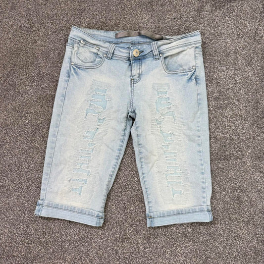 Y2K vintage low rise capri jeans light blue wash distressed cropped rhinestones