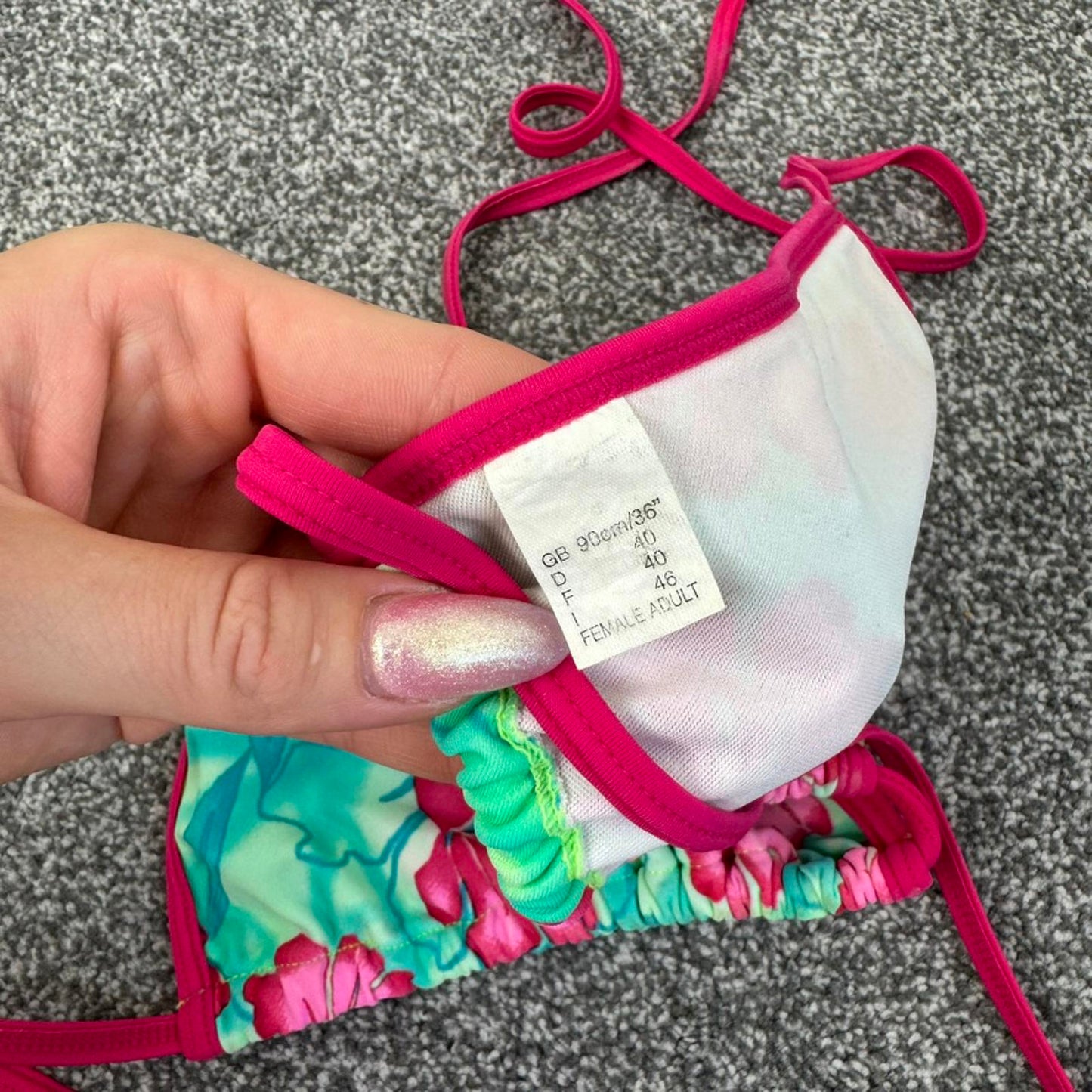 Y2K vintage hibiscus floral halter neck bikini top pink green no padding