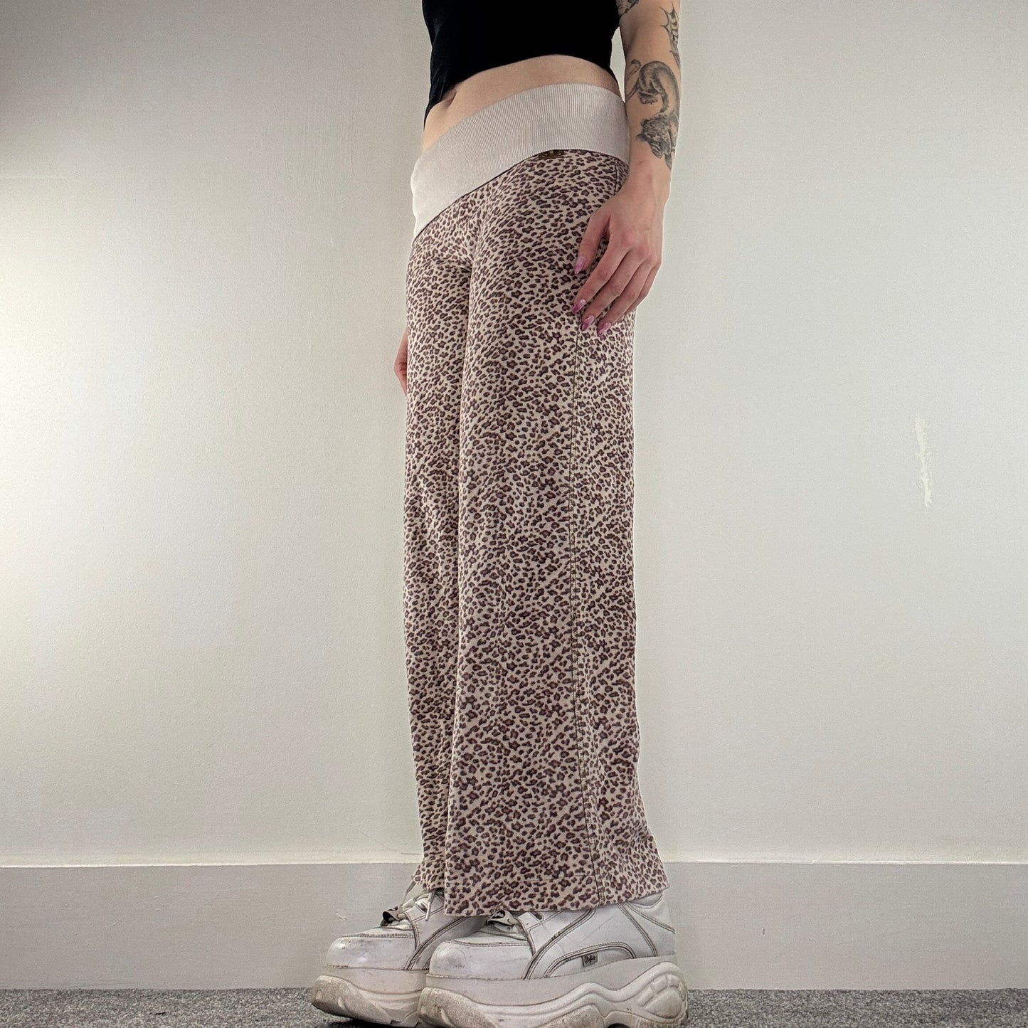 Y2K vintage leopard fold over yoga flare trousers velour baggy