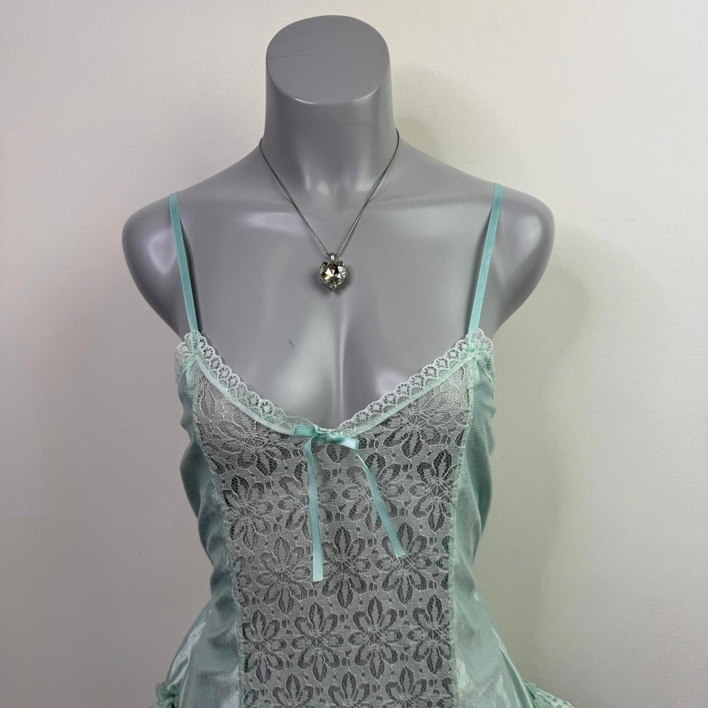 Y2K vintage lingerie nylon lace sheer frilly babydoll style top bow cami sheer