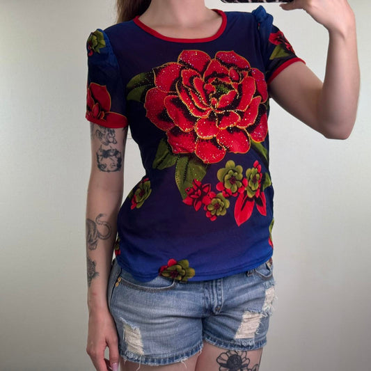 Y2K vintage double mesh stretchy t shirt top rose floral studded puff sleeve