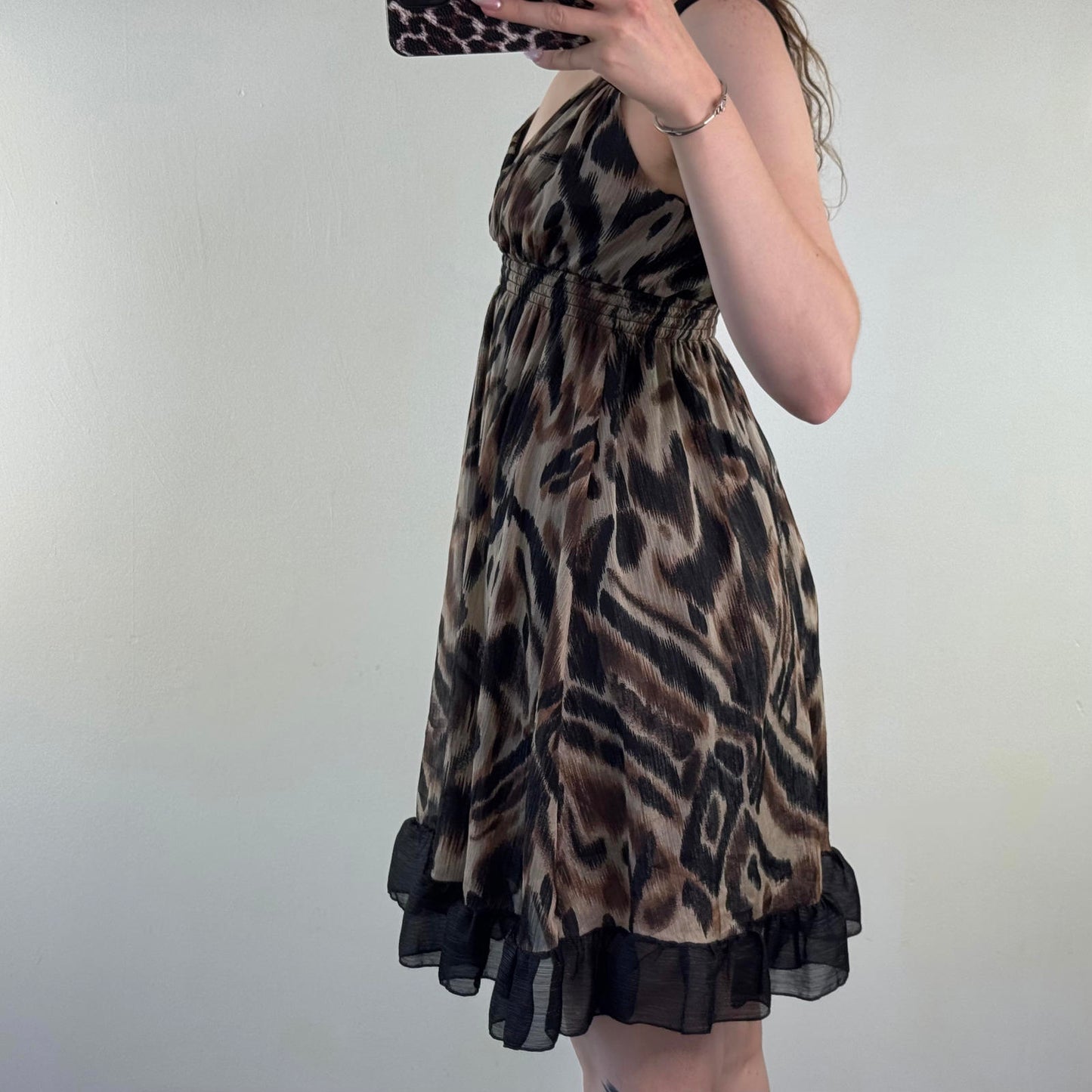 Y2K vintage sparkly midi dress abstract print glitter v neck frill hem a line