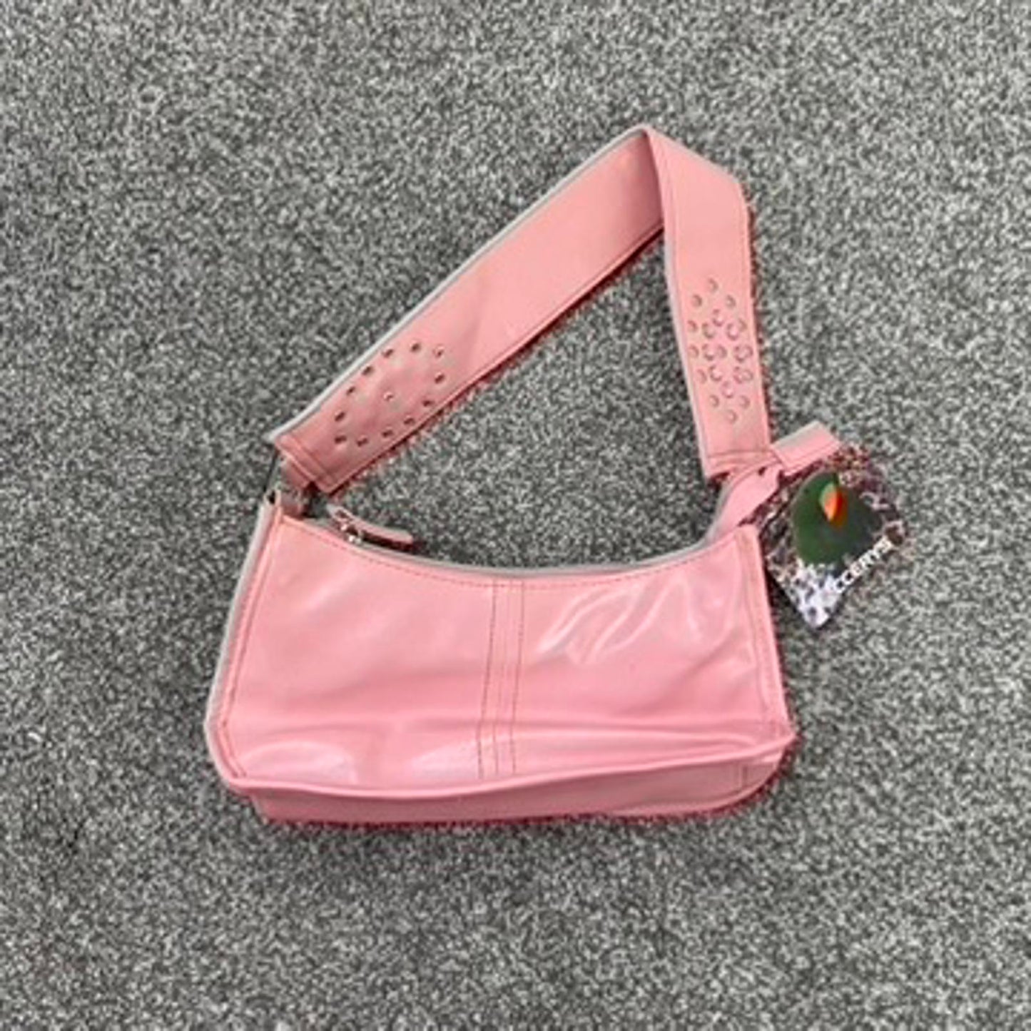 Y2K vintage faux leather mini shoulder bag baby pink studded rhinestone