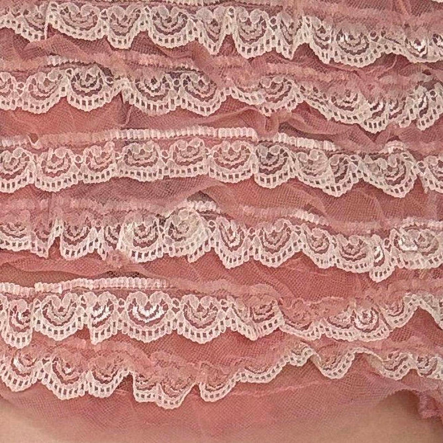 Y2K vintage sheer mesh cami top frilly fishnet lace trim coquette pink white