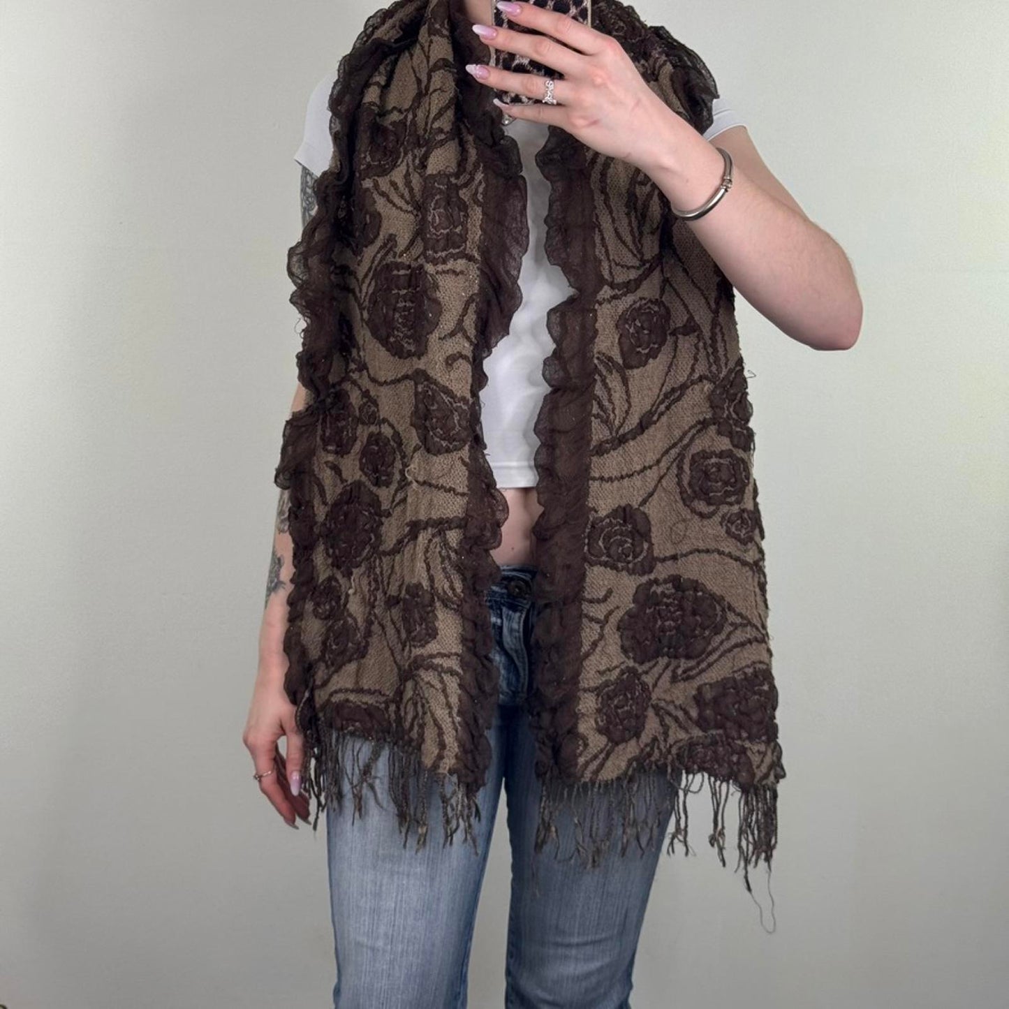 Y2K vintage floral sparkly scarf large fringe light dark brown pattern