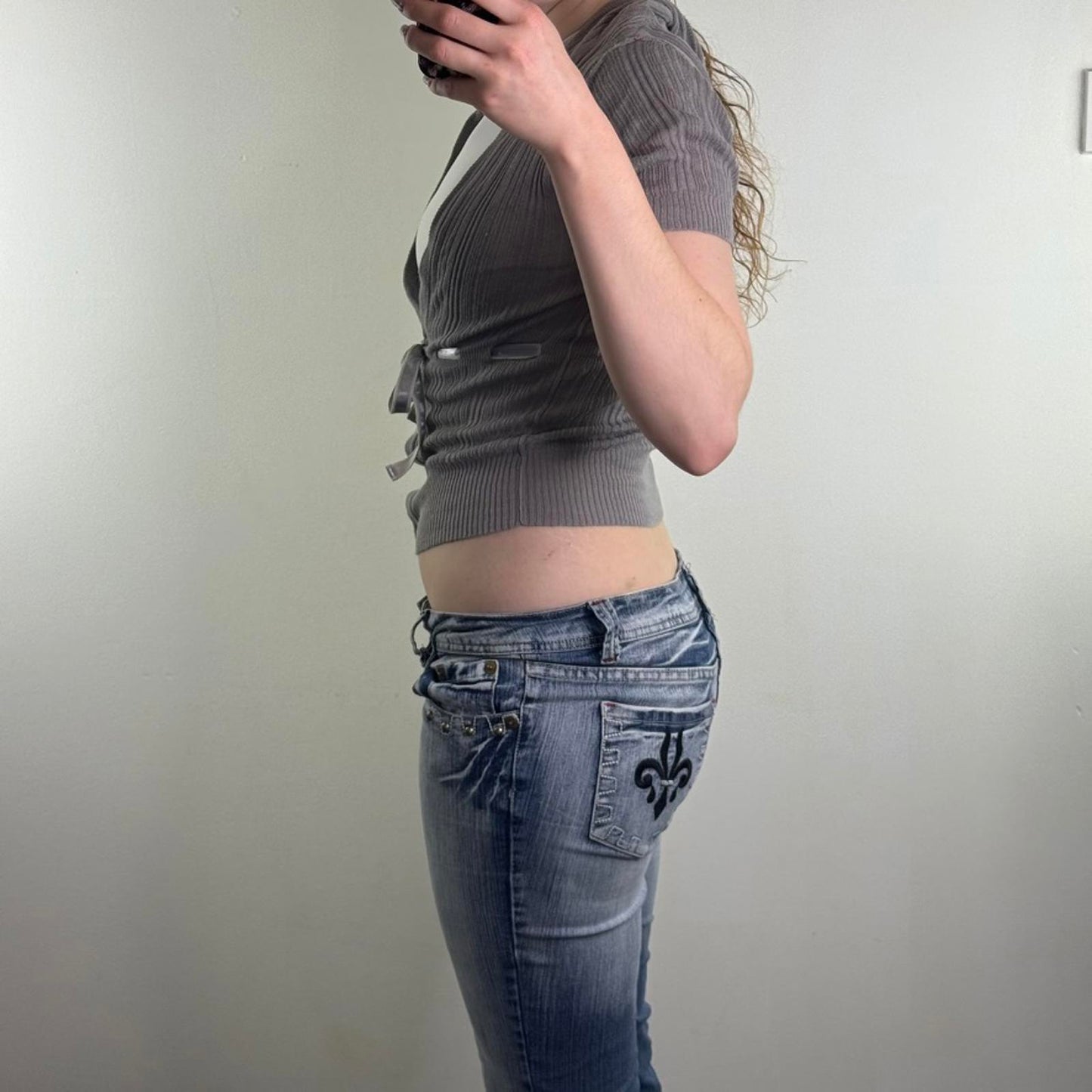 Y2K vintage fine knit short sleeve hoodie bow deep v neck low cut button up