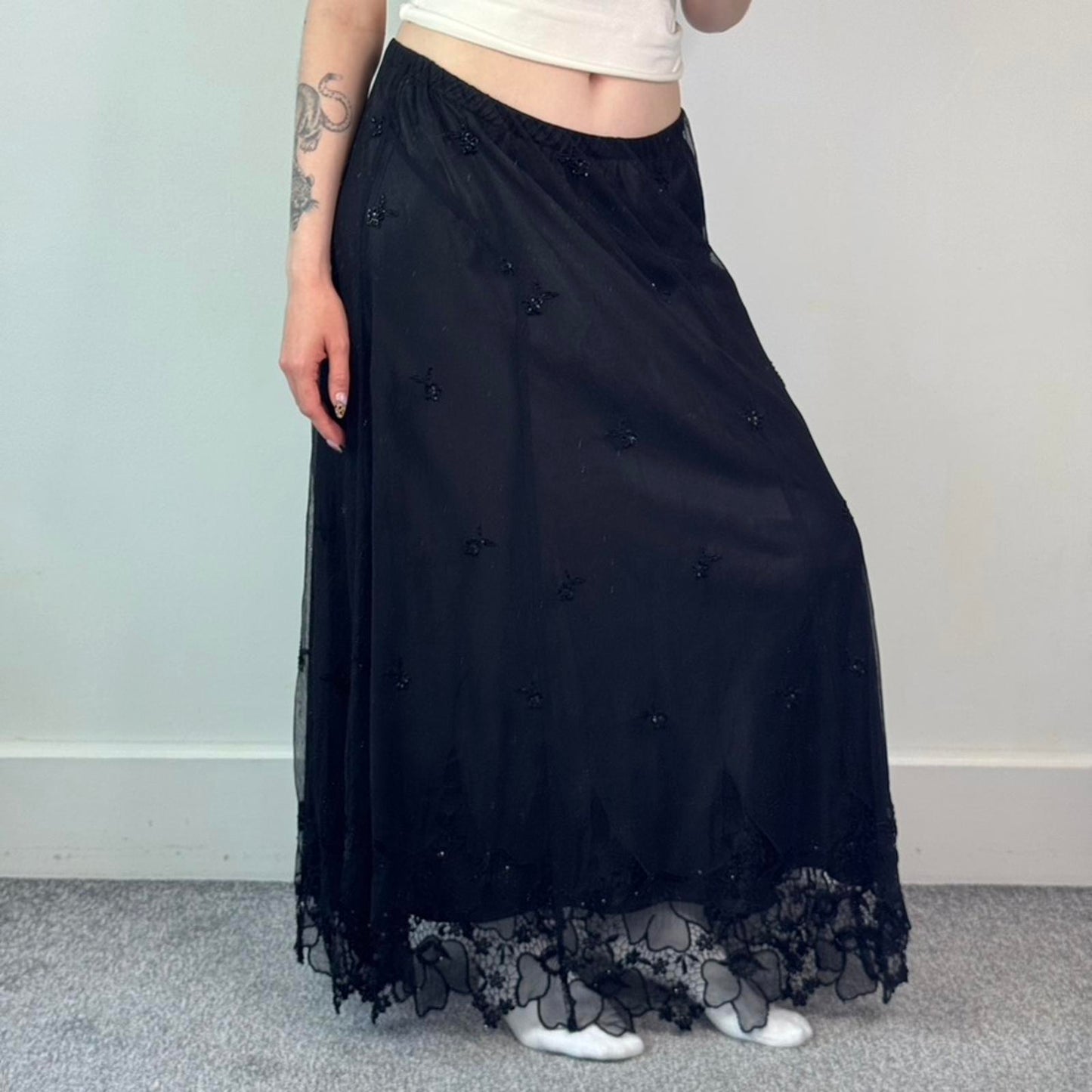 Y2K vintage mesh overlay floral maxi skirt floral embroidered hem stretchy waist