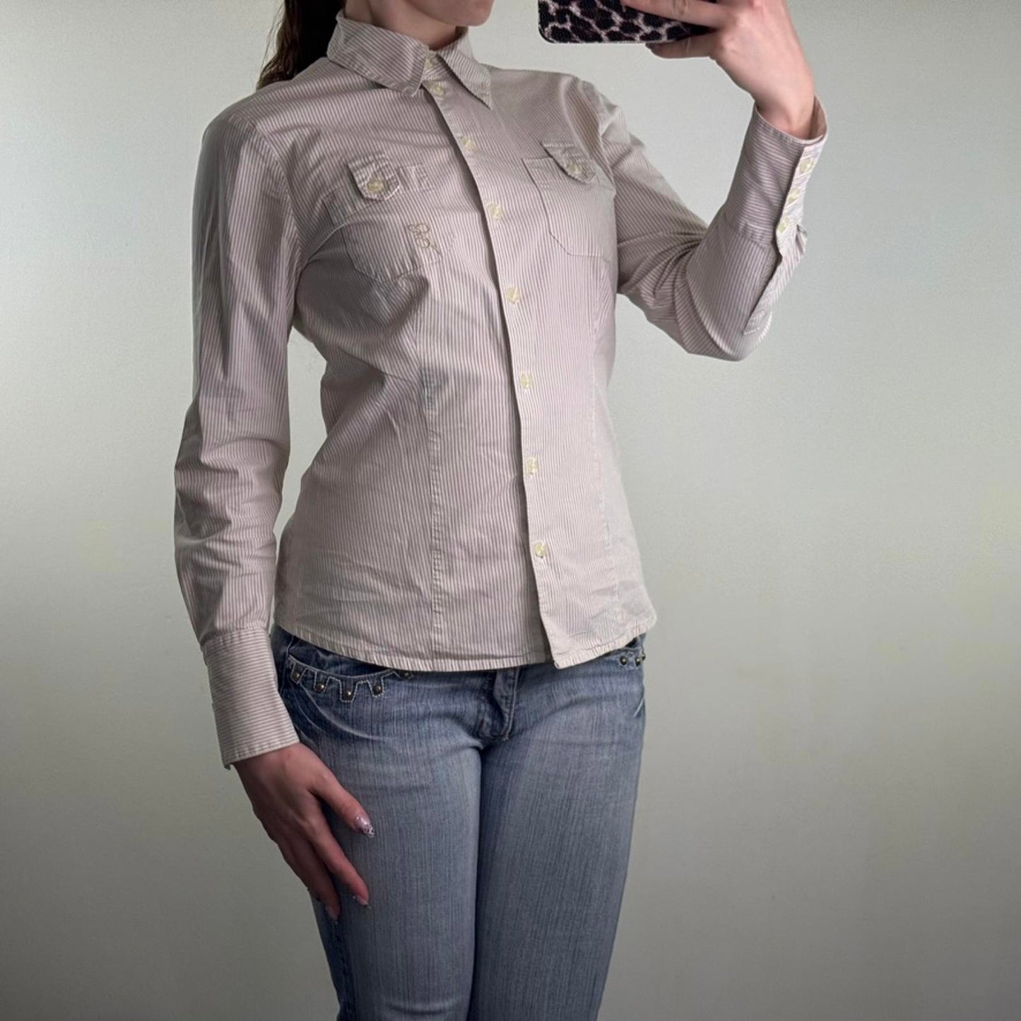 Y2K vintage stretchy button up long sleeve shirt pinstripe tailored cargo pocket