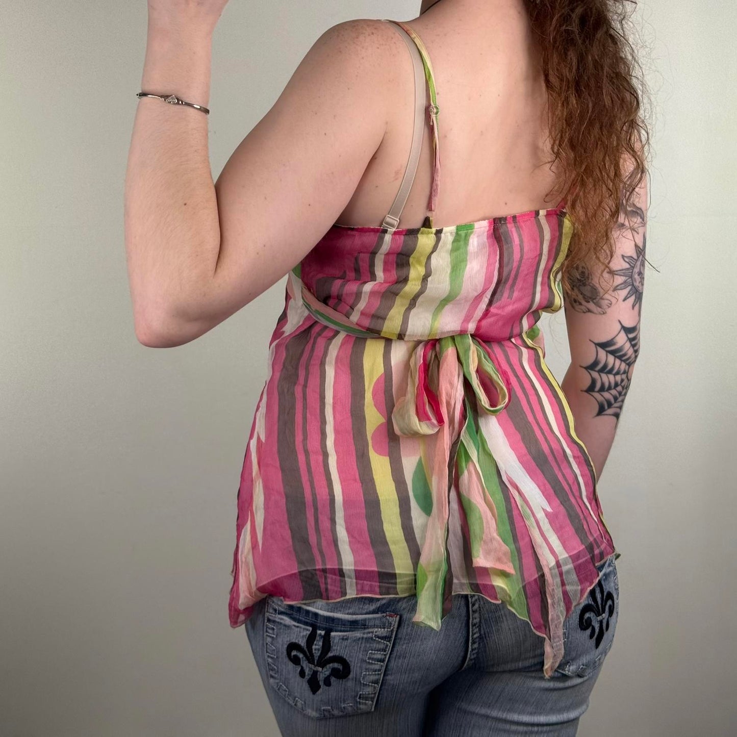 Y2K vintage 100% silk blouse bow asymmetrical bow fairy stripe pattern multi