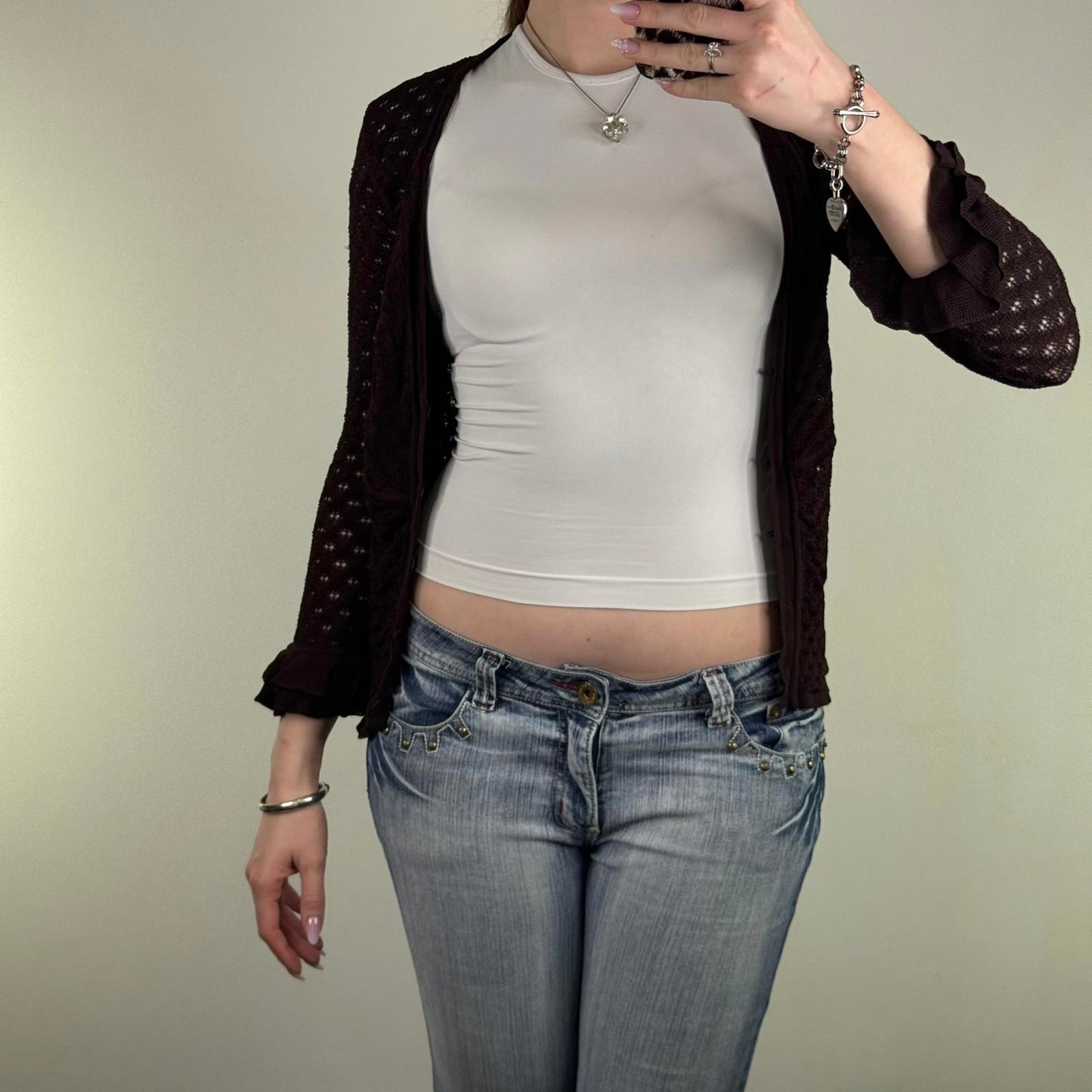 Y2K vintage Karen Millen fine knit cardigan 3/4 sleeve hook and eye frill fitted