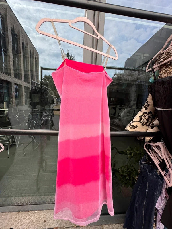 Y2K vintage mesh midi dress ombre pink cleat straps