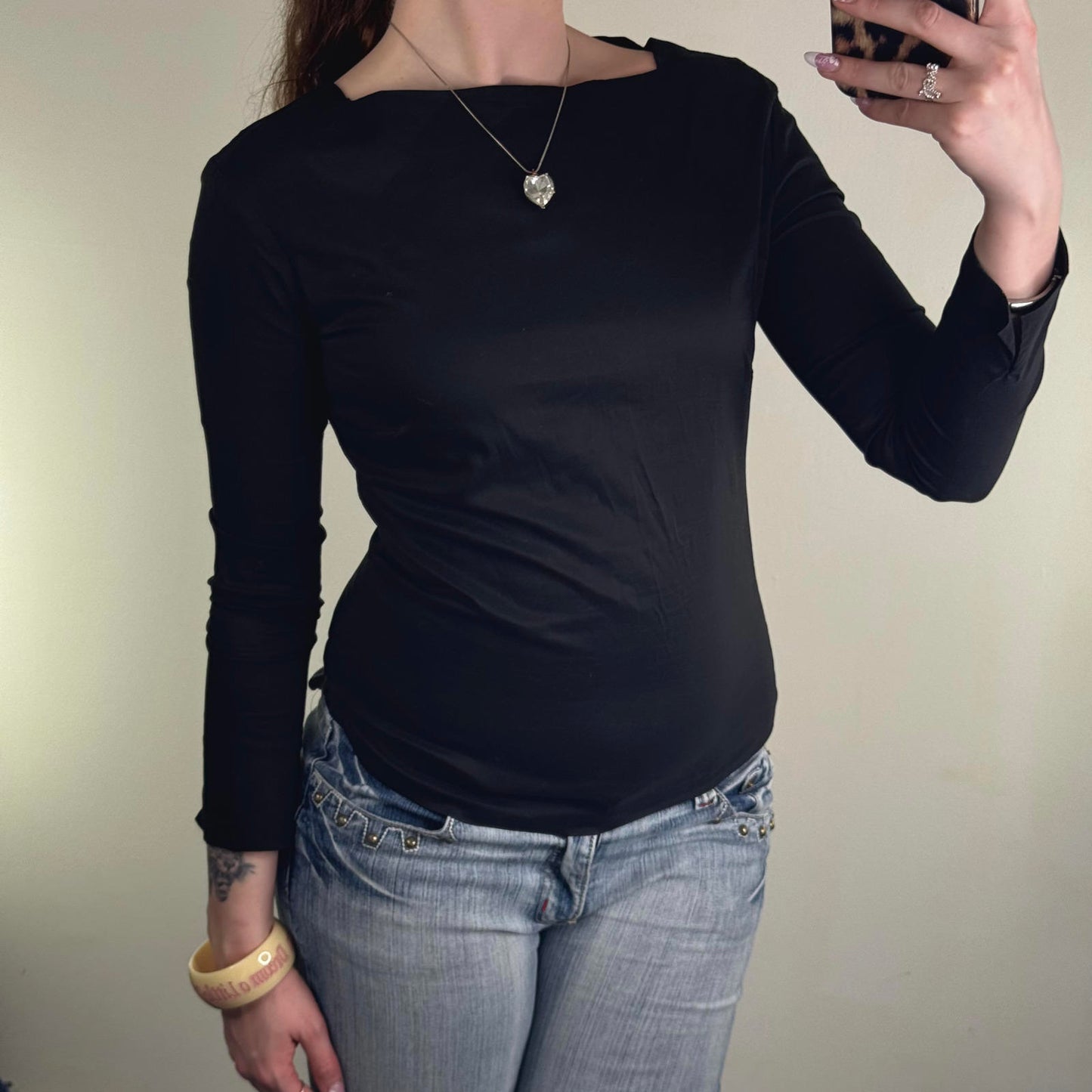 Y2K vintage fitted 3/4 sleeve top high boat neck basic simple flattering formal