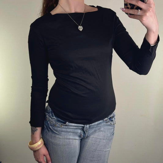 Y2K vintage fitted 3/4 sleeve top high boat neck basic simple flattering formal