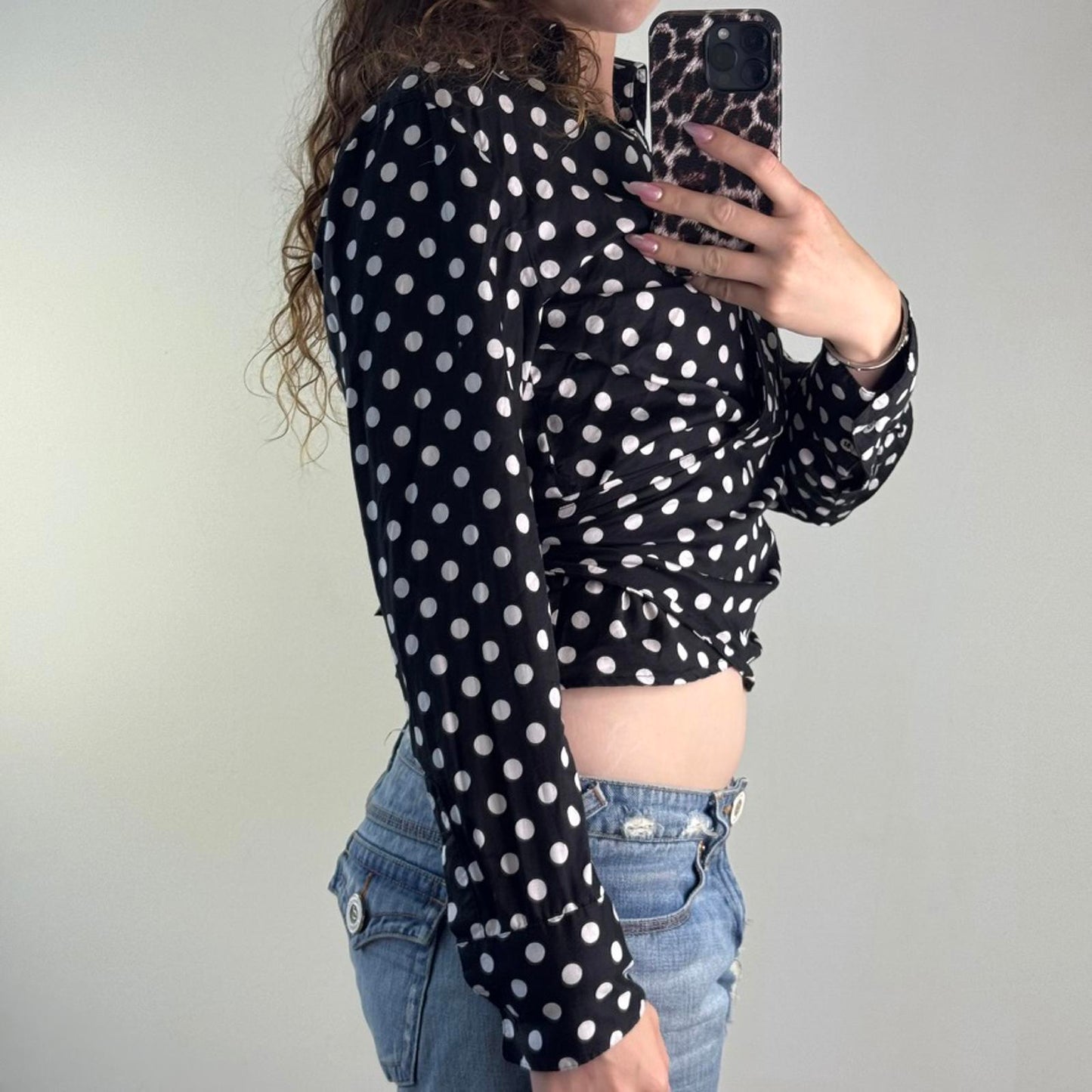Y2K vintage polka dot wrap around long sleeve shirt v neck bow spotty