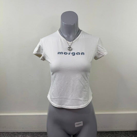 Y2K vintage Morgan De Toi baby tee short sleeve top slinky text fitted stretchy