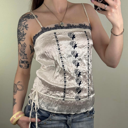 Y2K vintage satin cami top floral embroidered bow strappy mesh trim white navy