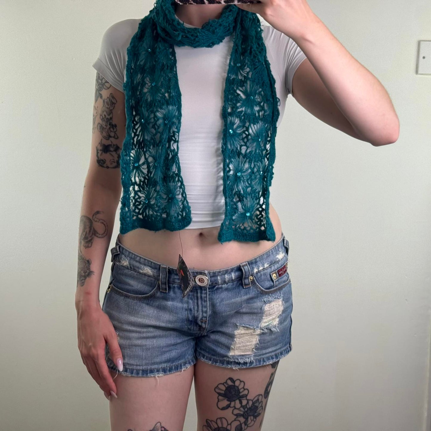 Y2K vintage floral crochet knit scarf sequin teal blue flower