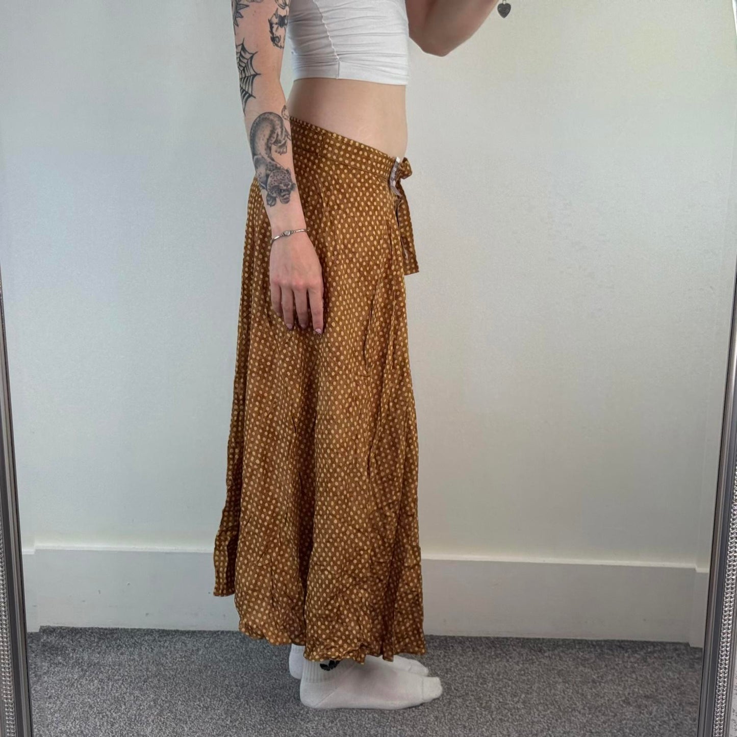 90s vintage polka dot wrap around style maxi skirt a line flowy lightweight belt