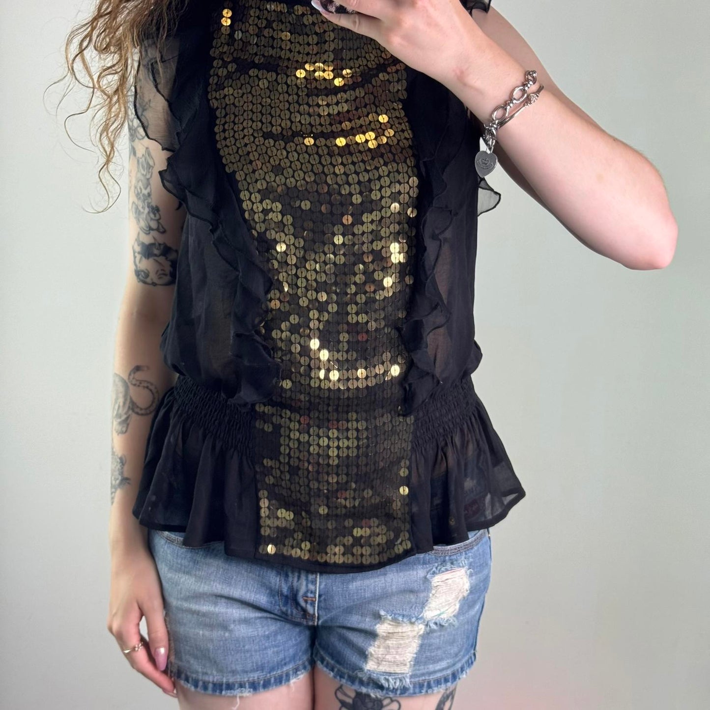 Y2K vintage sheer sequin top frill gold embellished open back bow black party